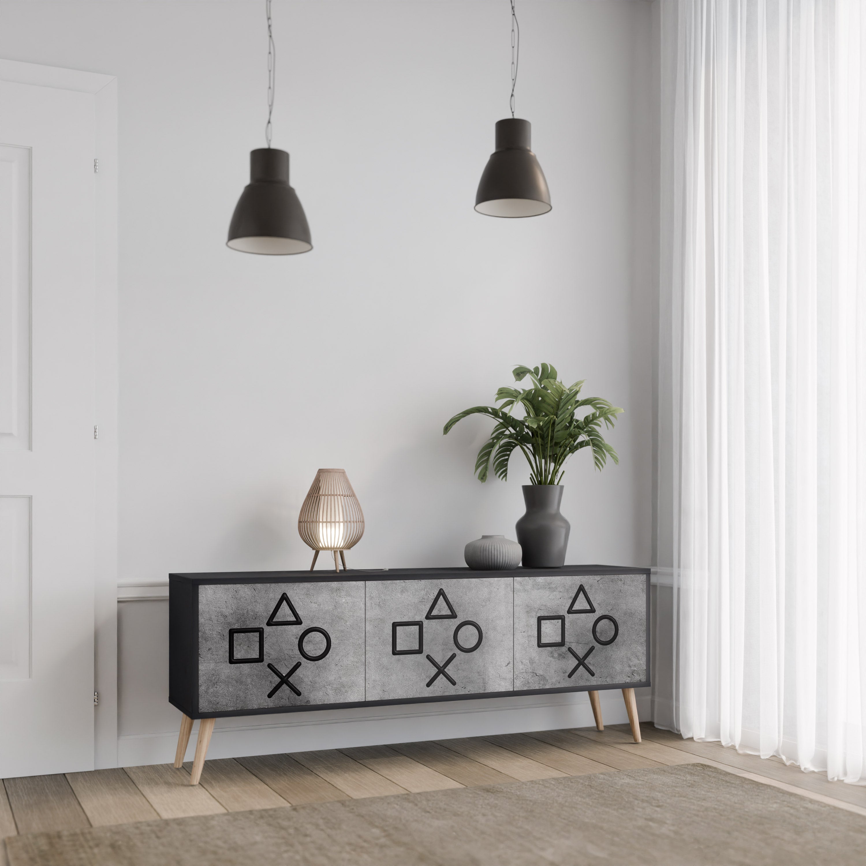 Mueble de TV de 3 puertas GAMER CHOICE con acabado negro