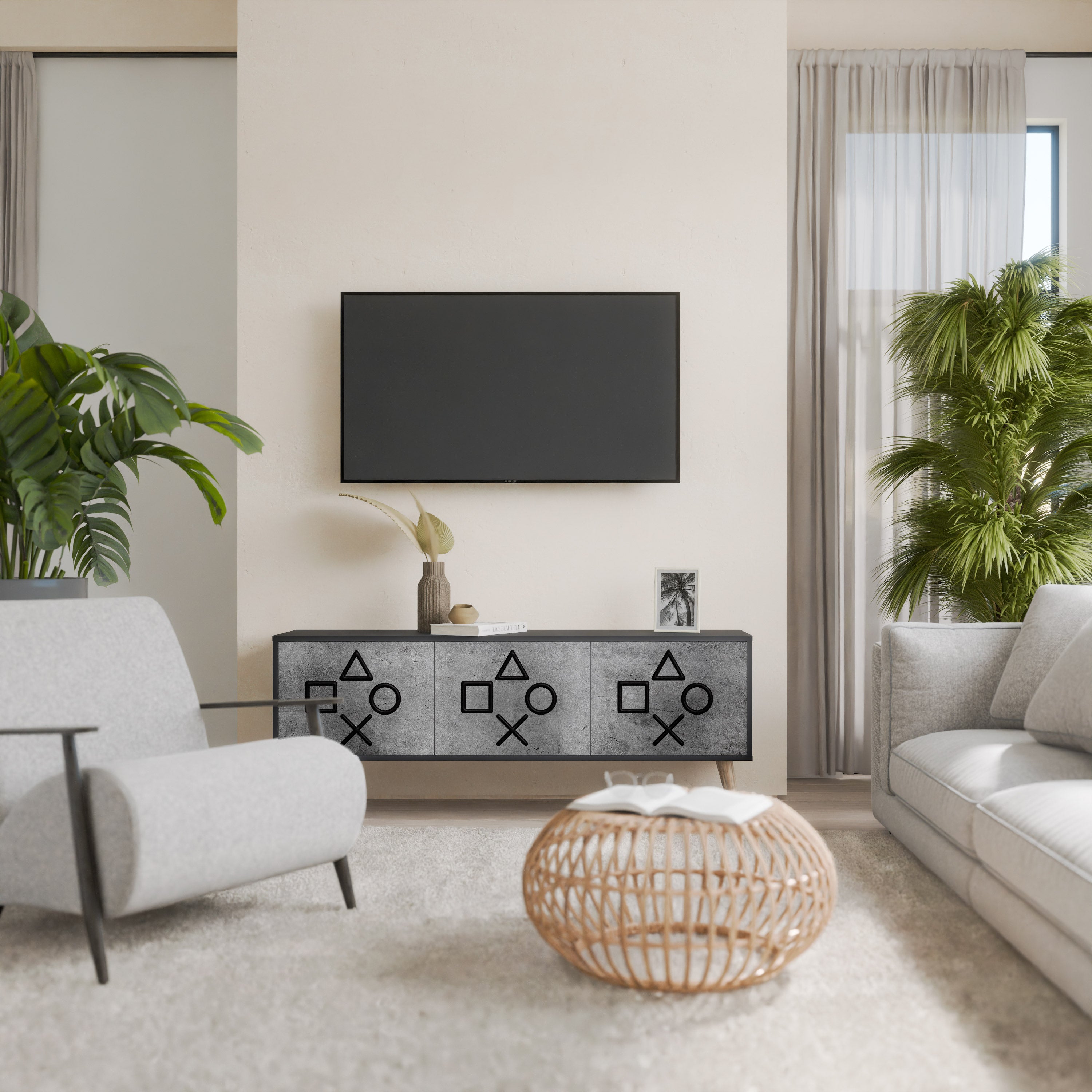 Mueble de TV de 3 puertas GAMER CHOICE con acabado negro