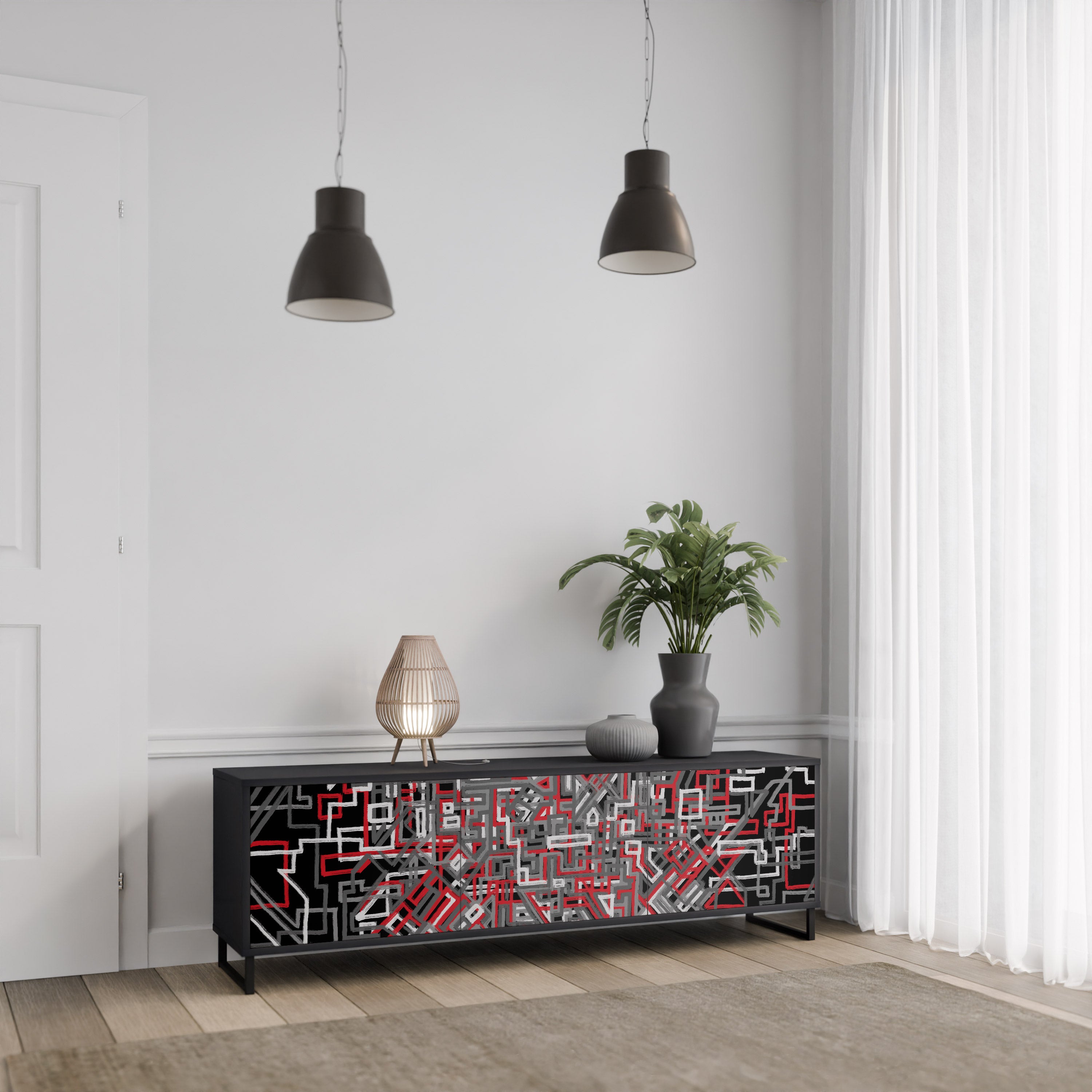 Mueble de TV de 3 puertas BROKEN LINES en acabado negro