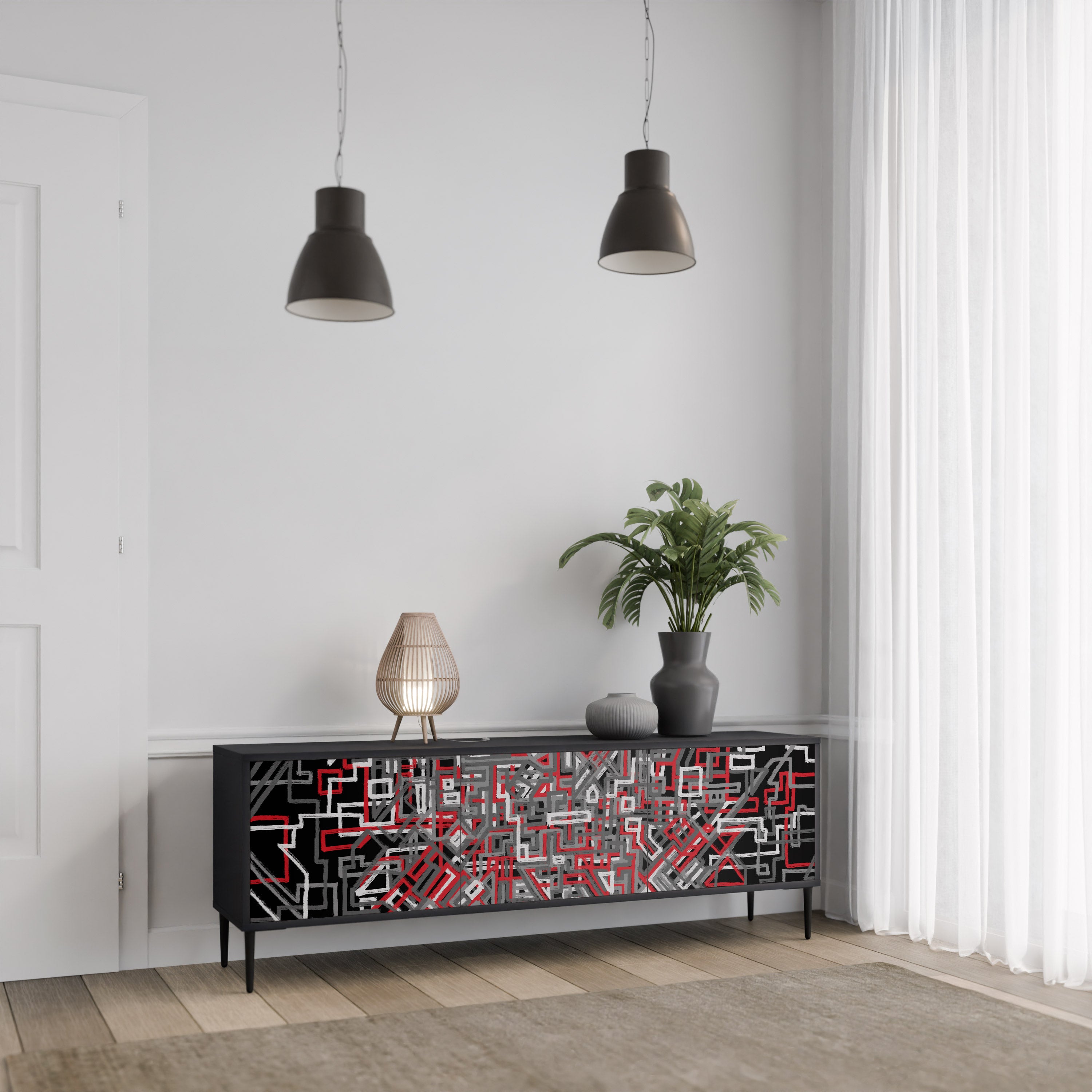 Mueble de TV de 3 puertas BROKEN LINES en acabado negro