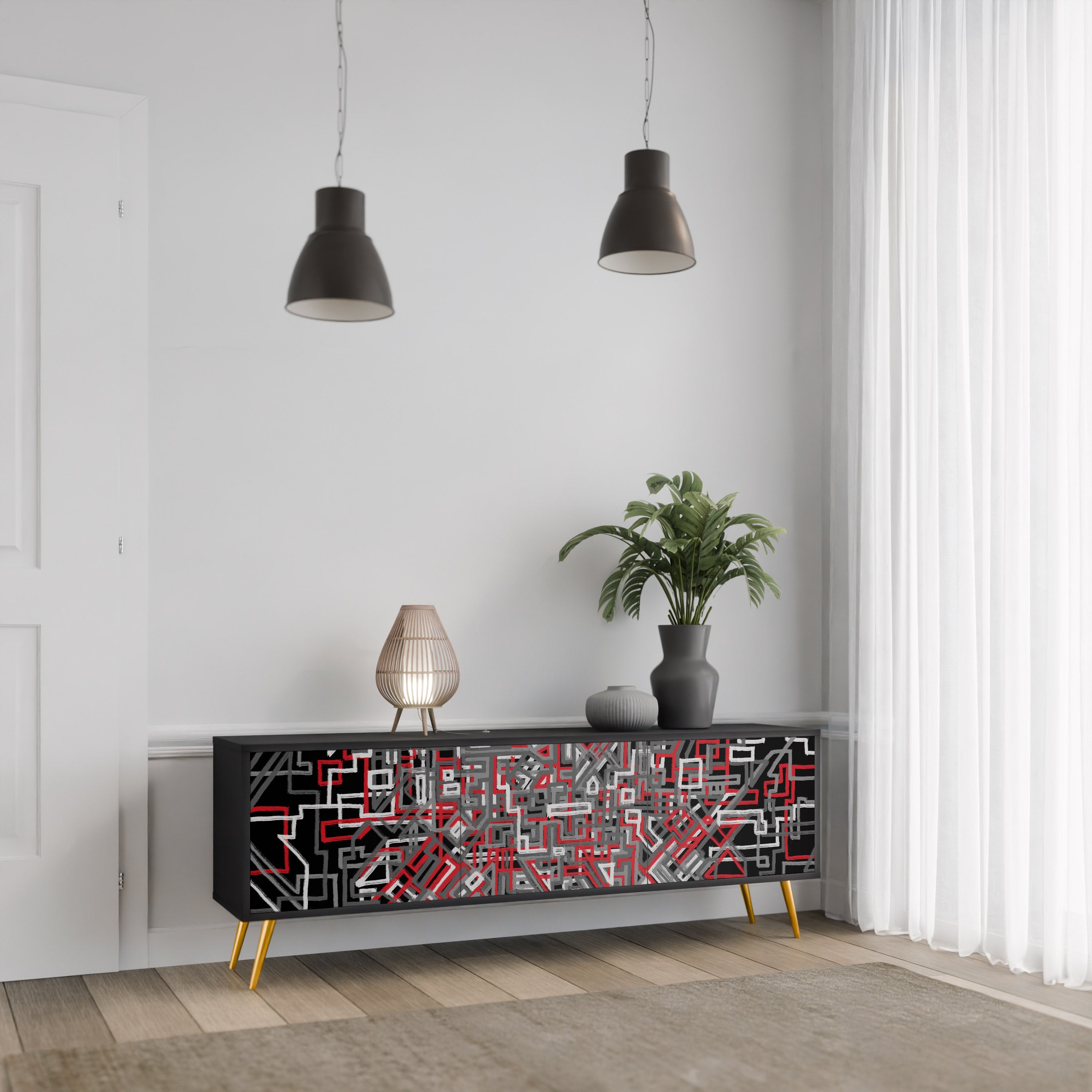 Mueble de TV de 3 puertas BROKEN LINES en acabado negro
