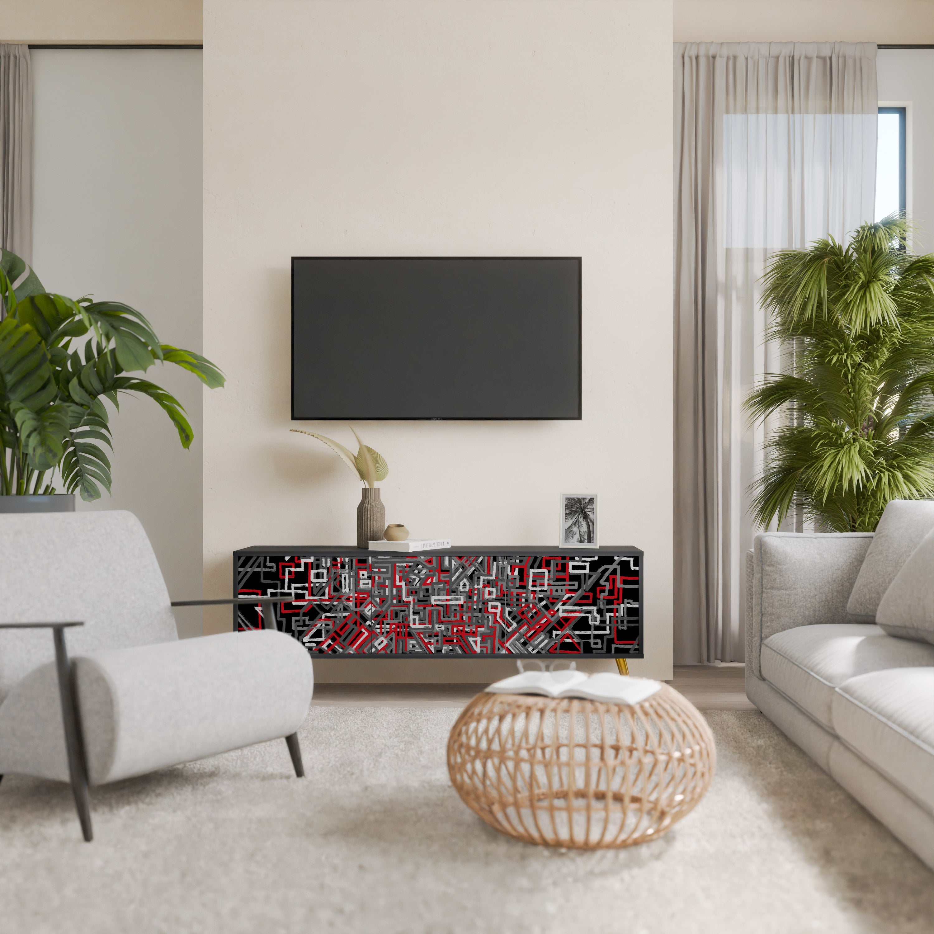 Mueble de TV de 3 puertas BROKEN LINES en acabado negro