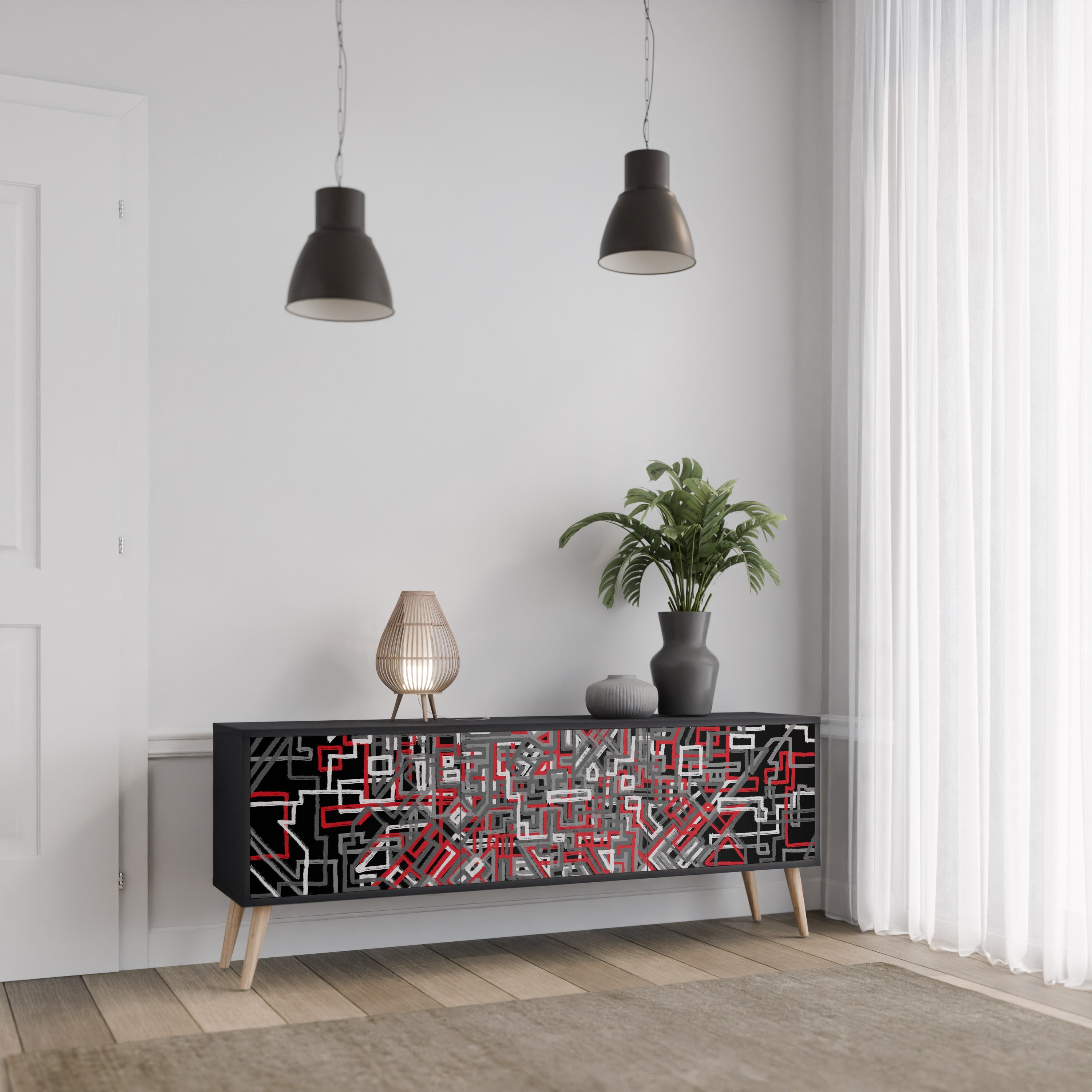 Mueble de TV de 3 puertas BROKEN LINES en acabado negro