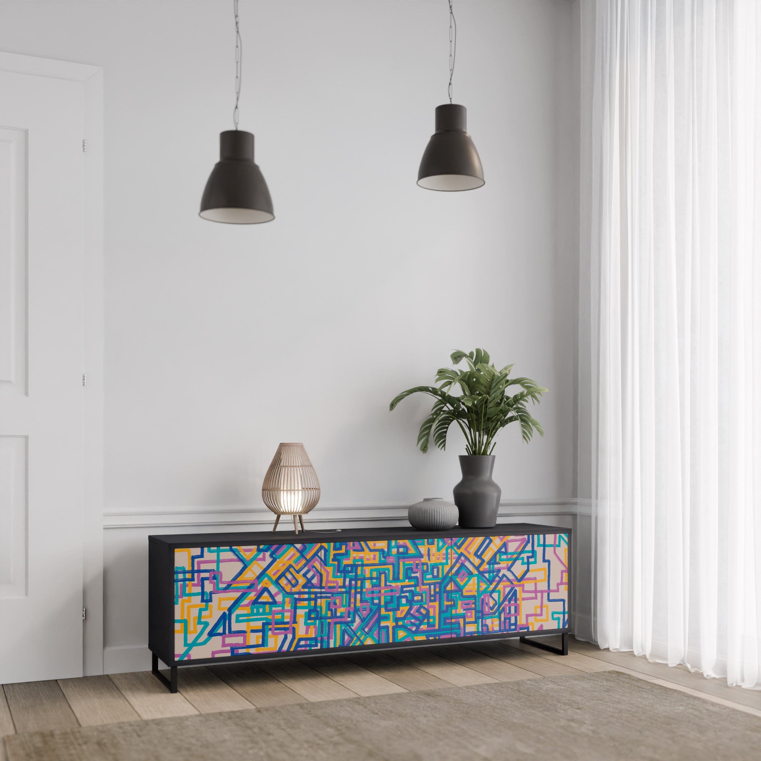 MEMORIES MAP 3-Door TV Stand in Black Finish
