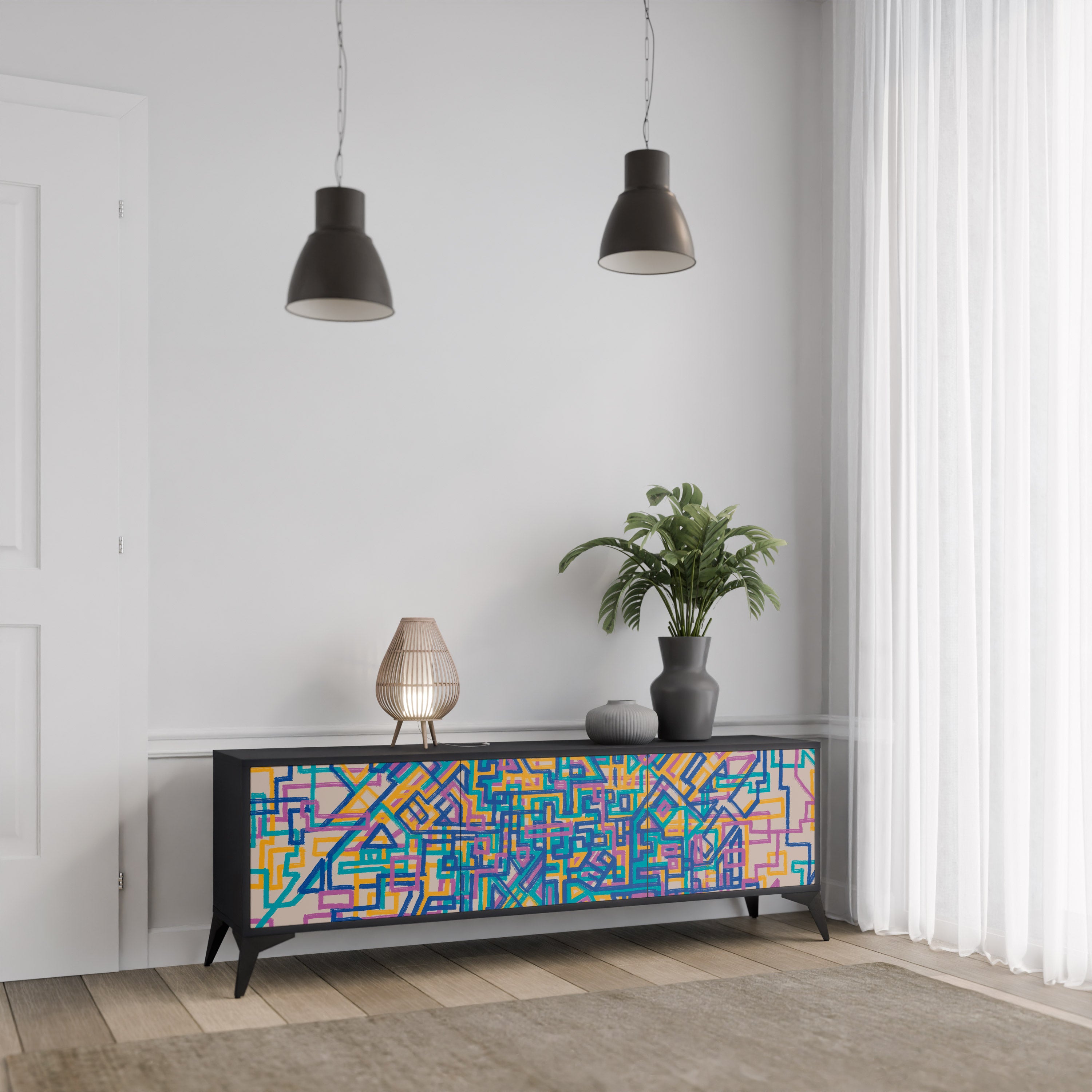 MEMORIES MAP 3-Door TV Stand in Black Finish