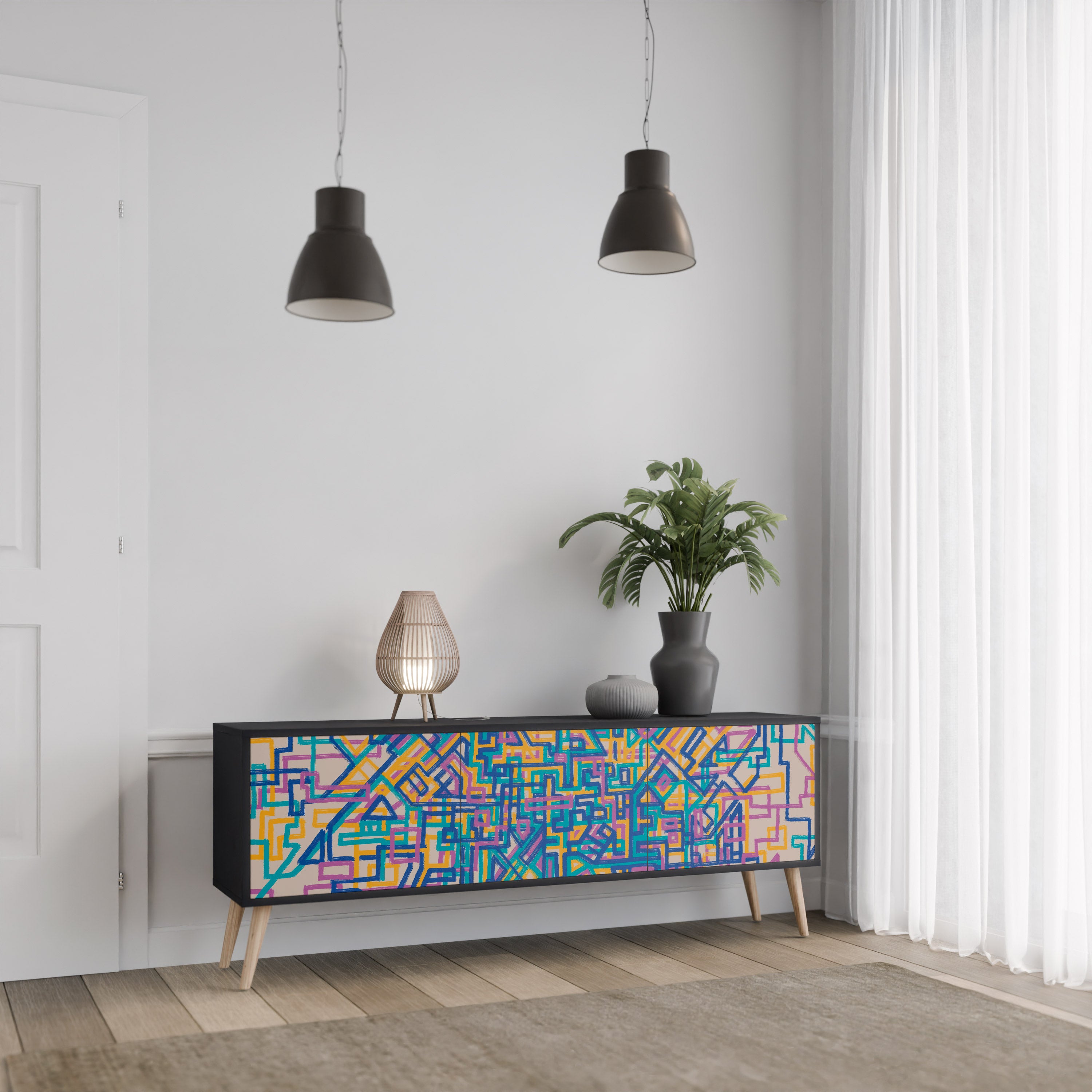 MEMORIES MAP 3-Door TV Stand in Black Finish