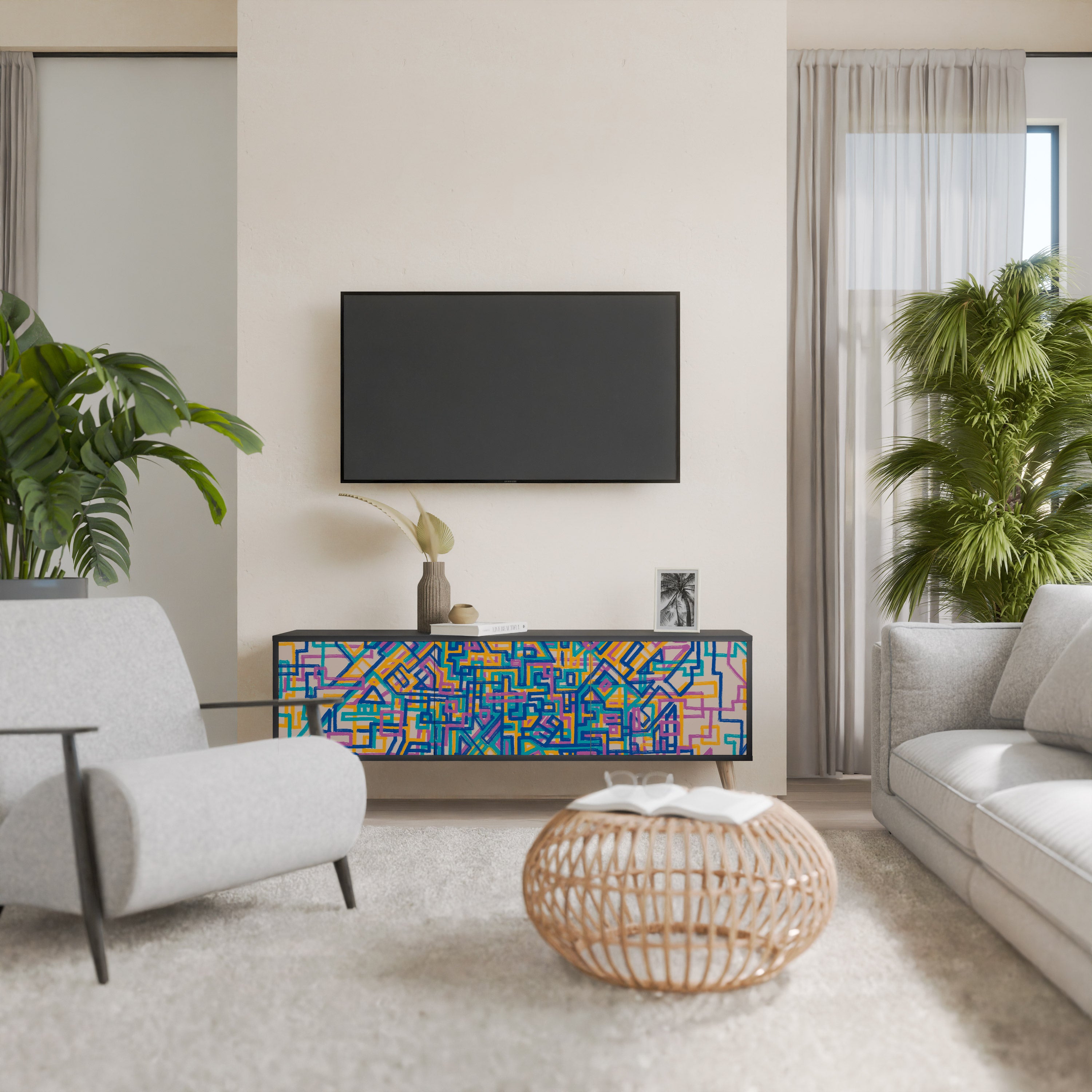 MEMORIES MAP 3-Door TV Stand in Black Finish