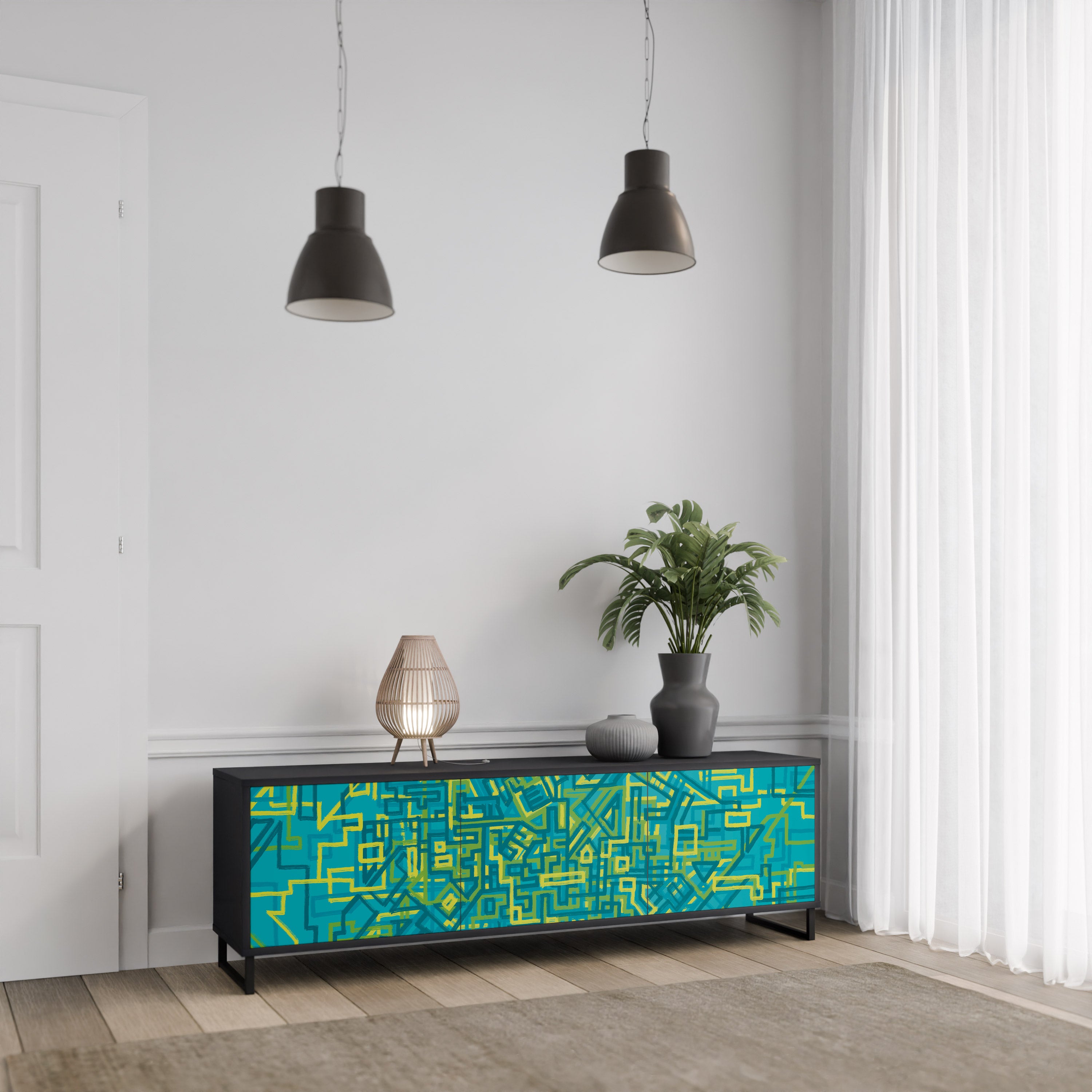 NOSTALGIC MEMORIES 3-Door TV Stand in Black Finish