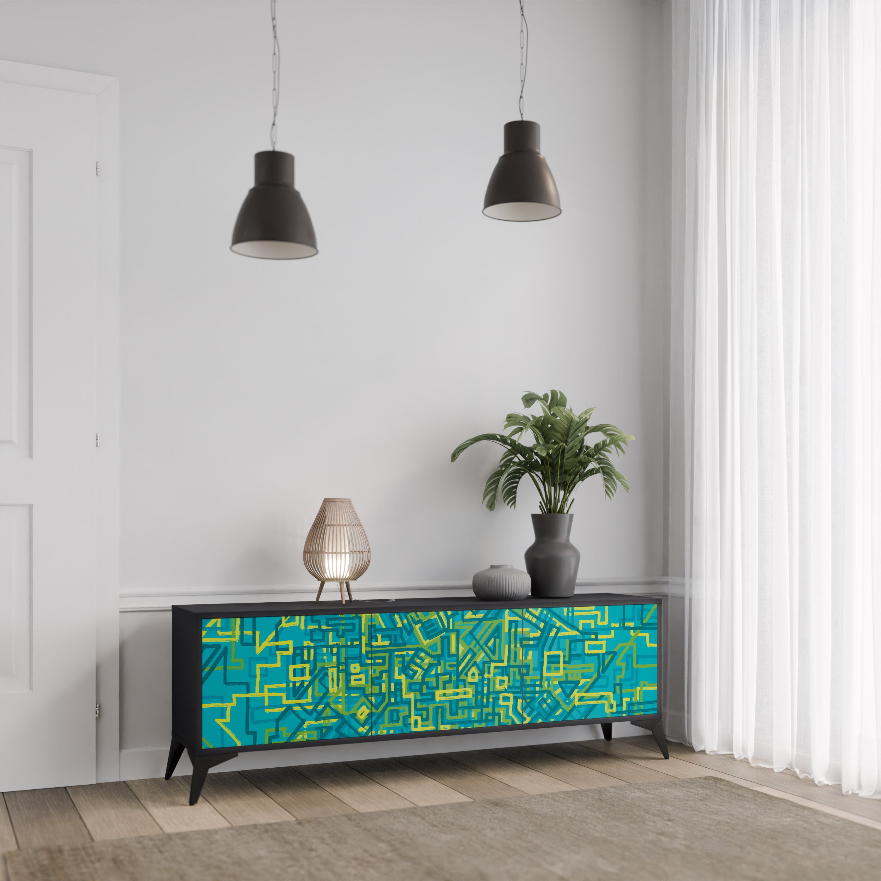 NOSTALGIC MEMORIES 3-Door TV Stand in Black Finish