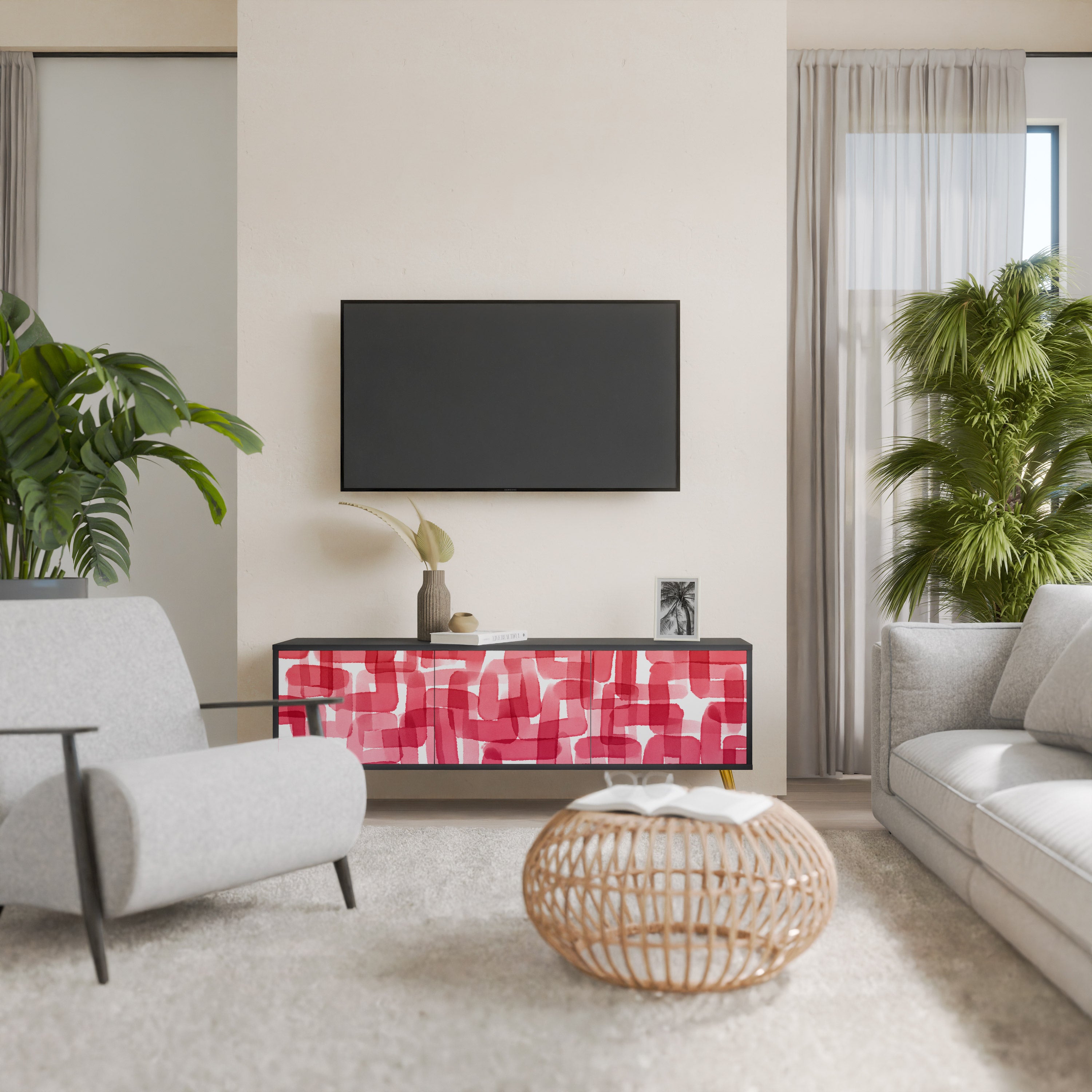 KALEIDOSCOPIC CUBISM 3-Door TV Stand in Black Finish
