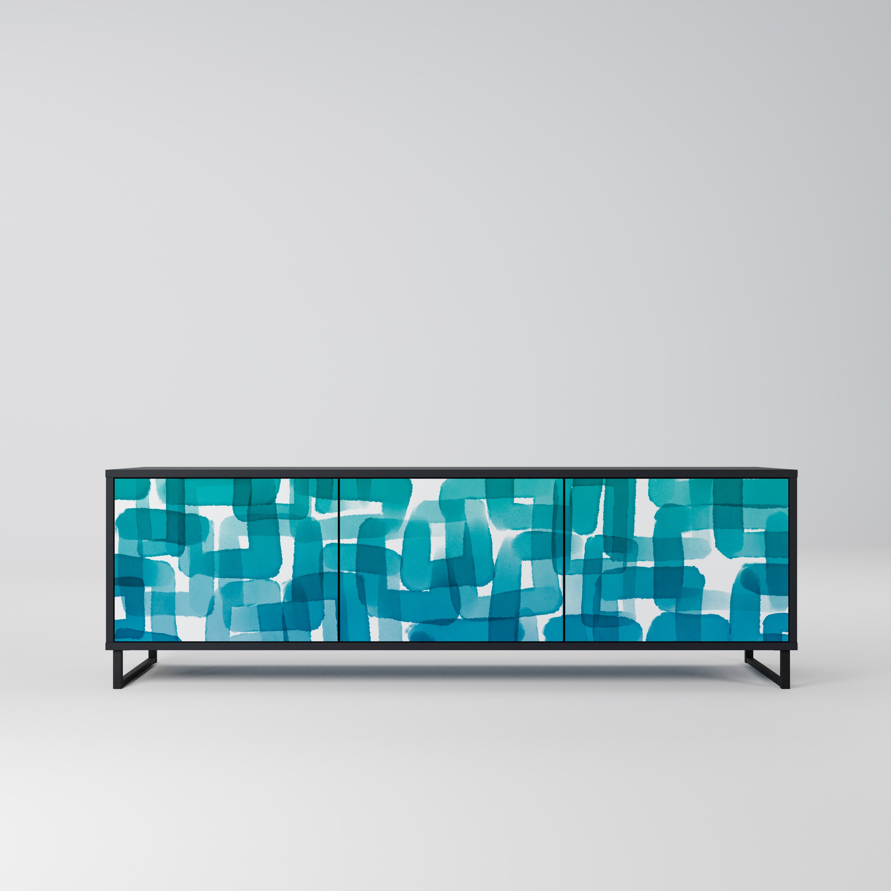 TURQUOISE RECTANGLES 3-Door TV Stand in Black Finish