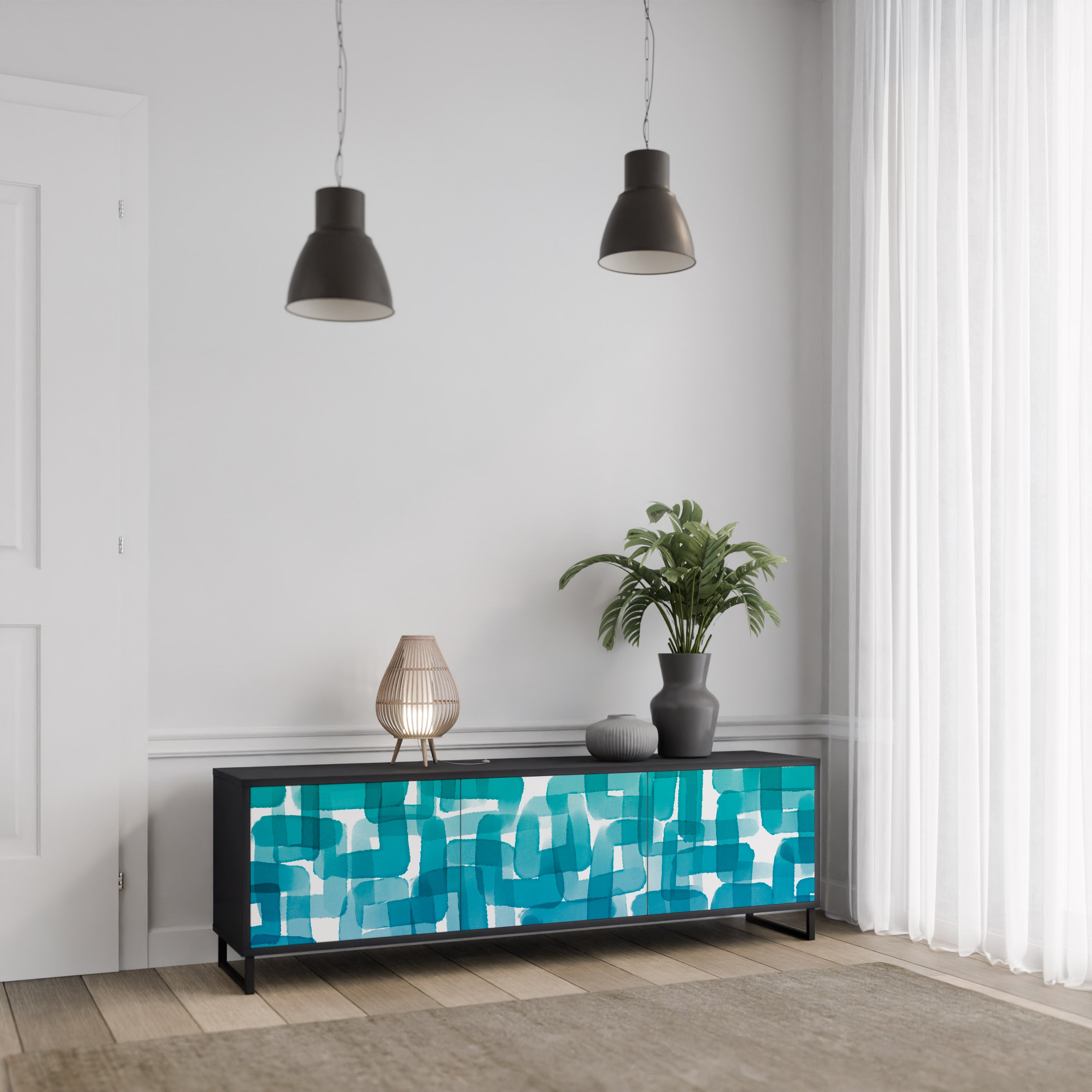 TURQUOISE RECTANGLES 3-Door TV Stand in Black Finish