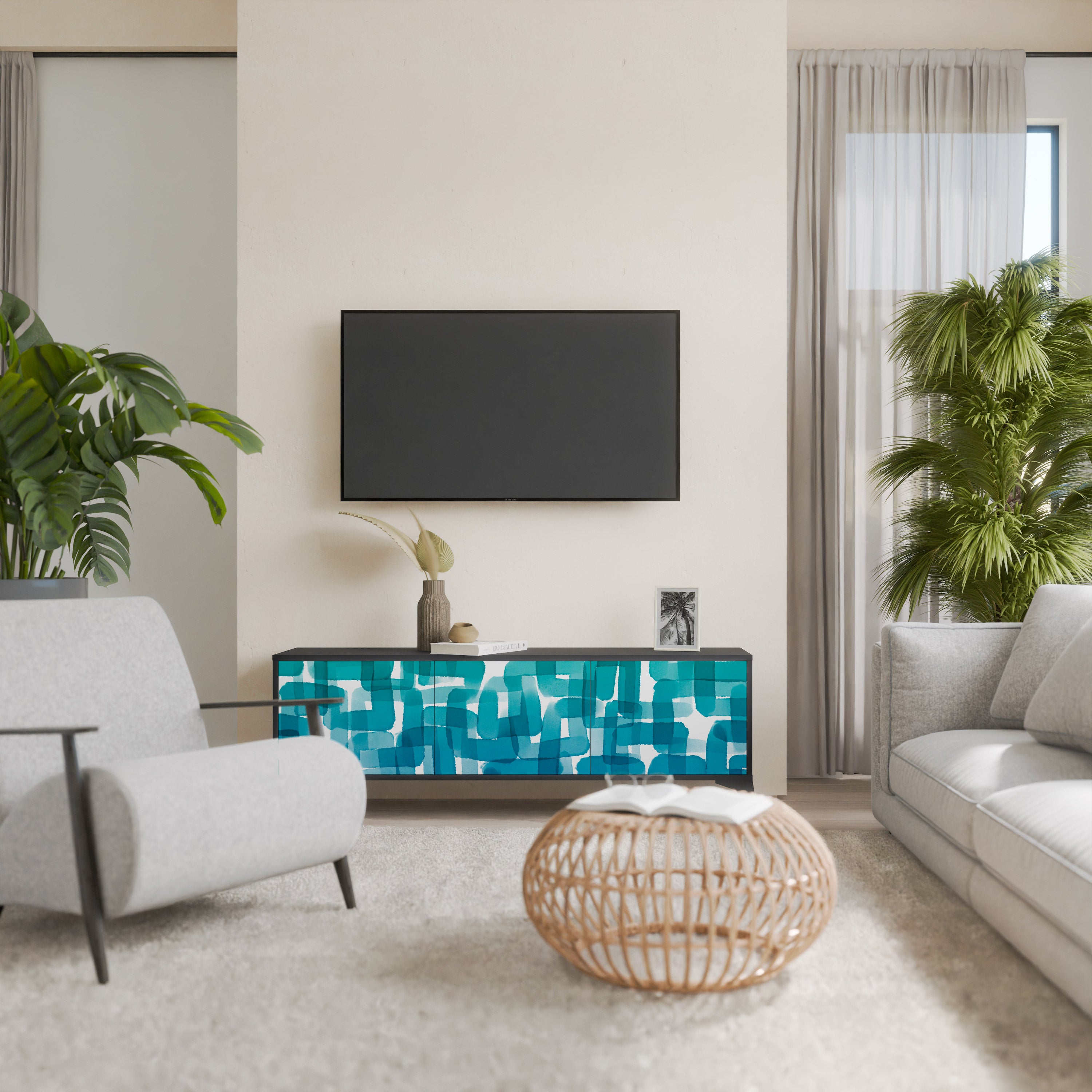 TURQUOISE RECTANGLES 3-Door TV Stand in Black Finish