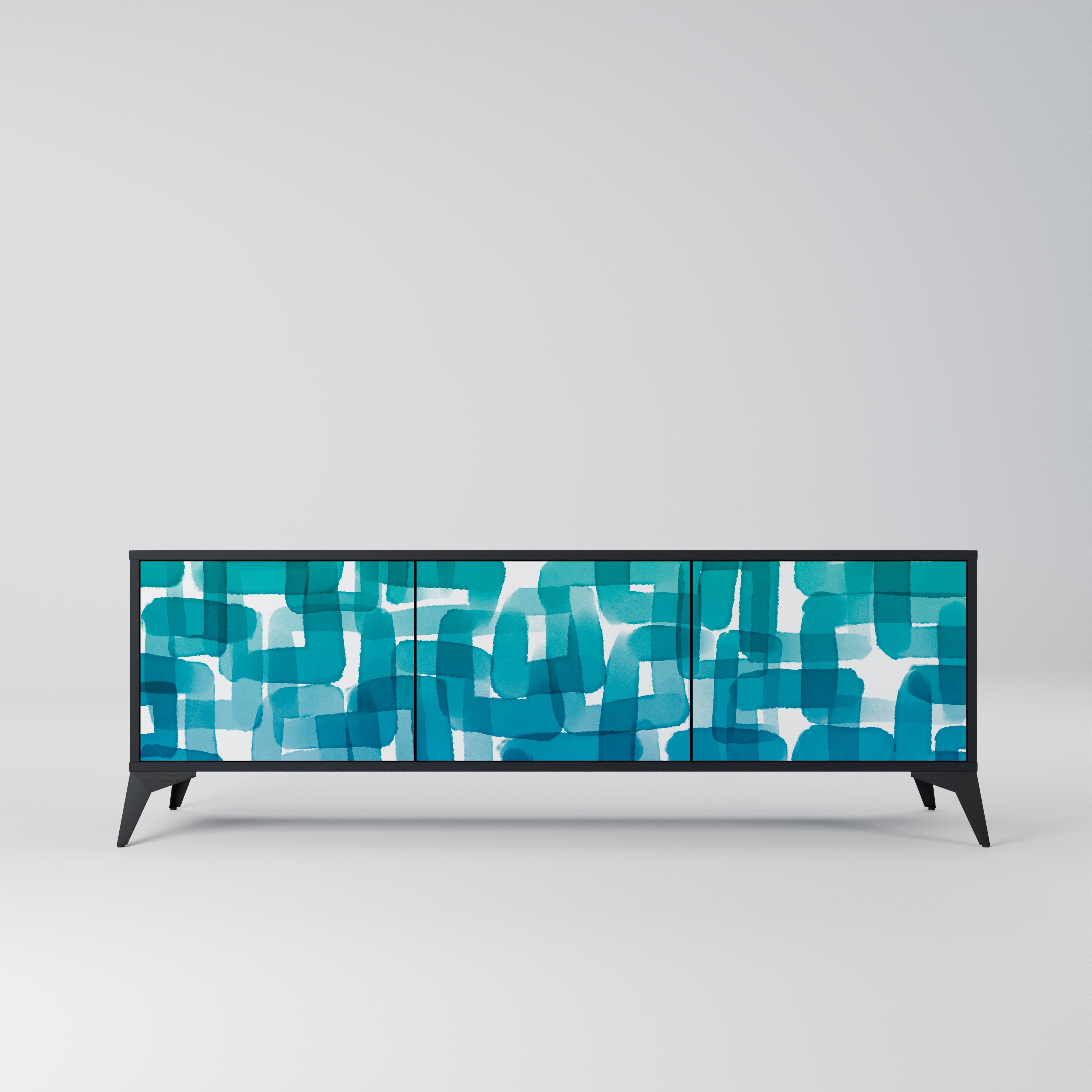 TURQUOISE RECTANGLES 3-Door TV Stand in Black Finish