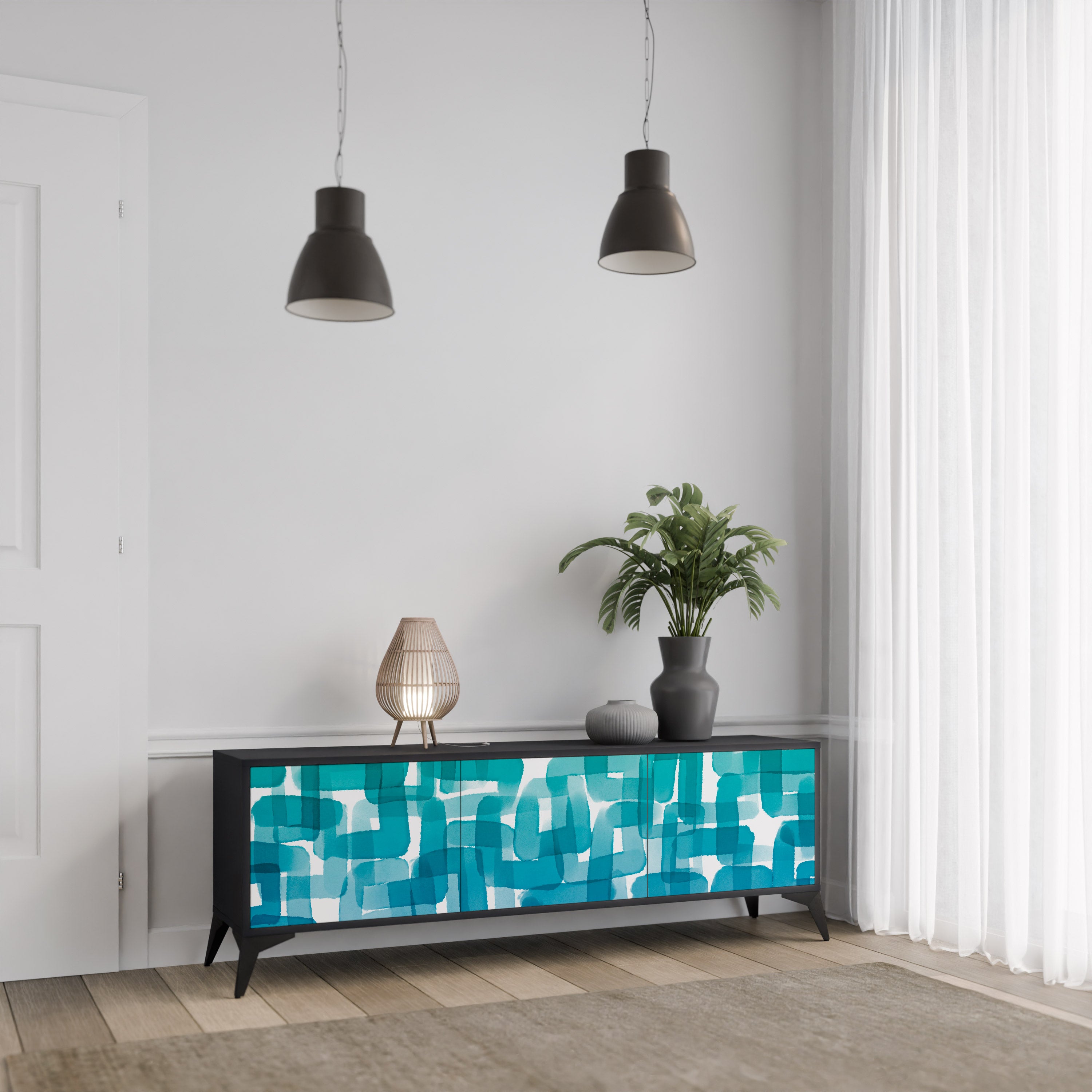 TURQUOISE RECTANGLES 3-Door TV Stand in Black Finish