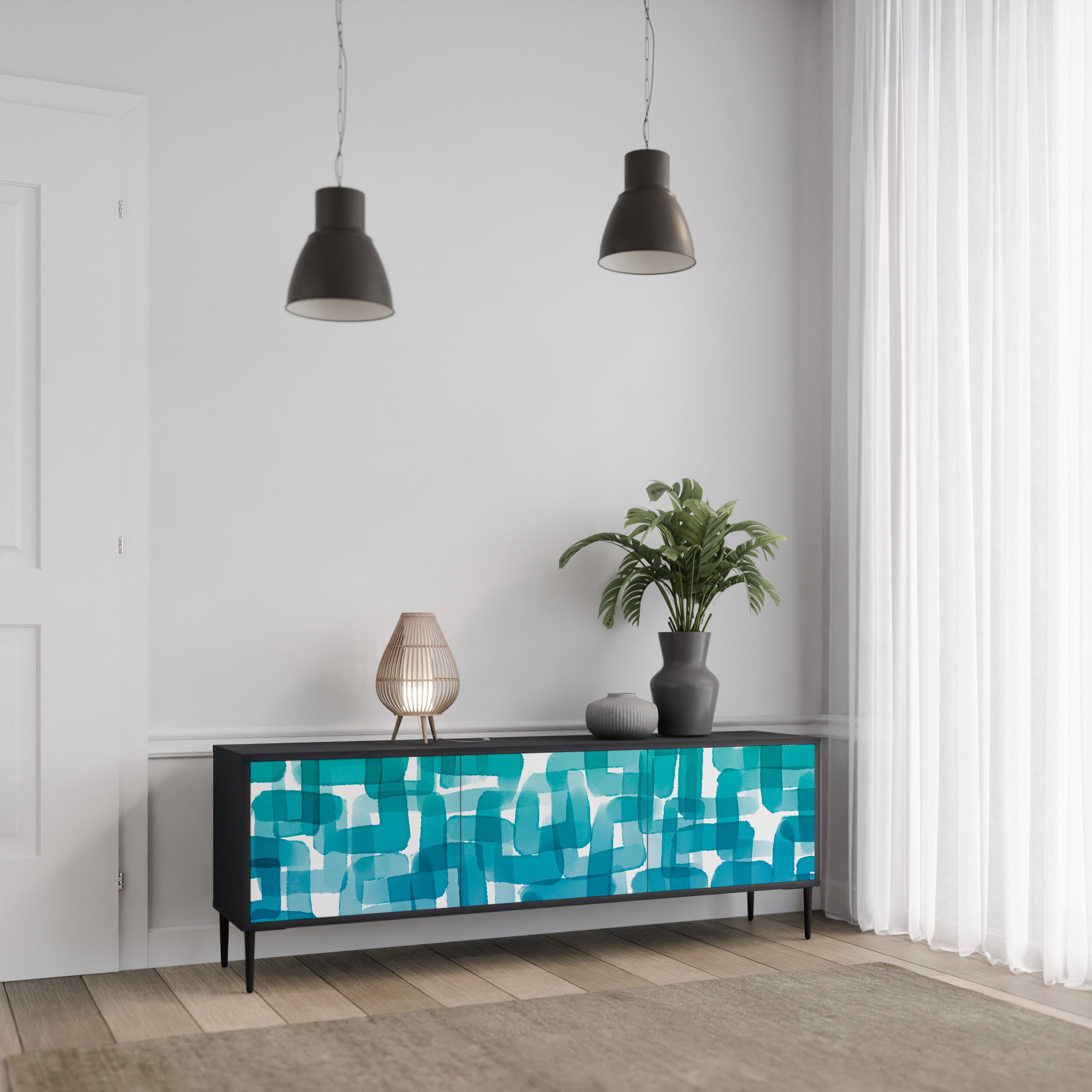 TURQUOISE RECTANGLES 3-Door TV Stand in Black Finish