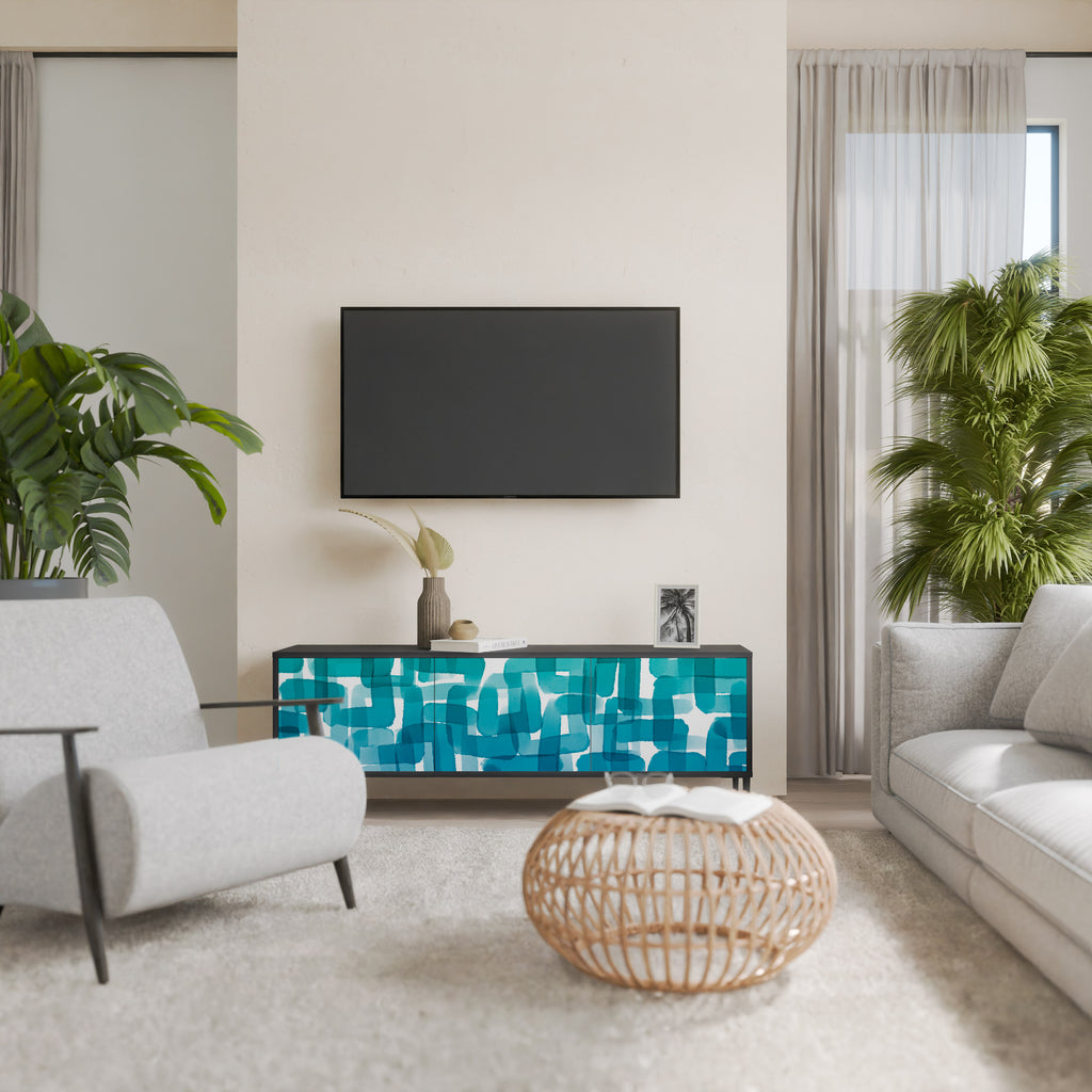 Mueble de TV de 3 puertas con acabado negro y rectángulos turquesa