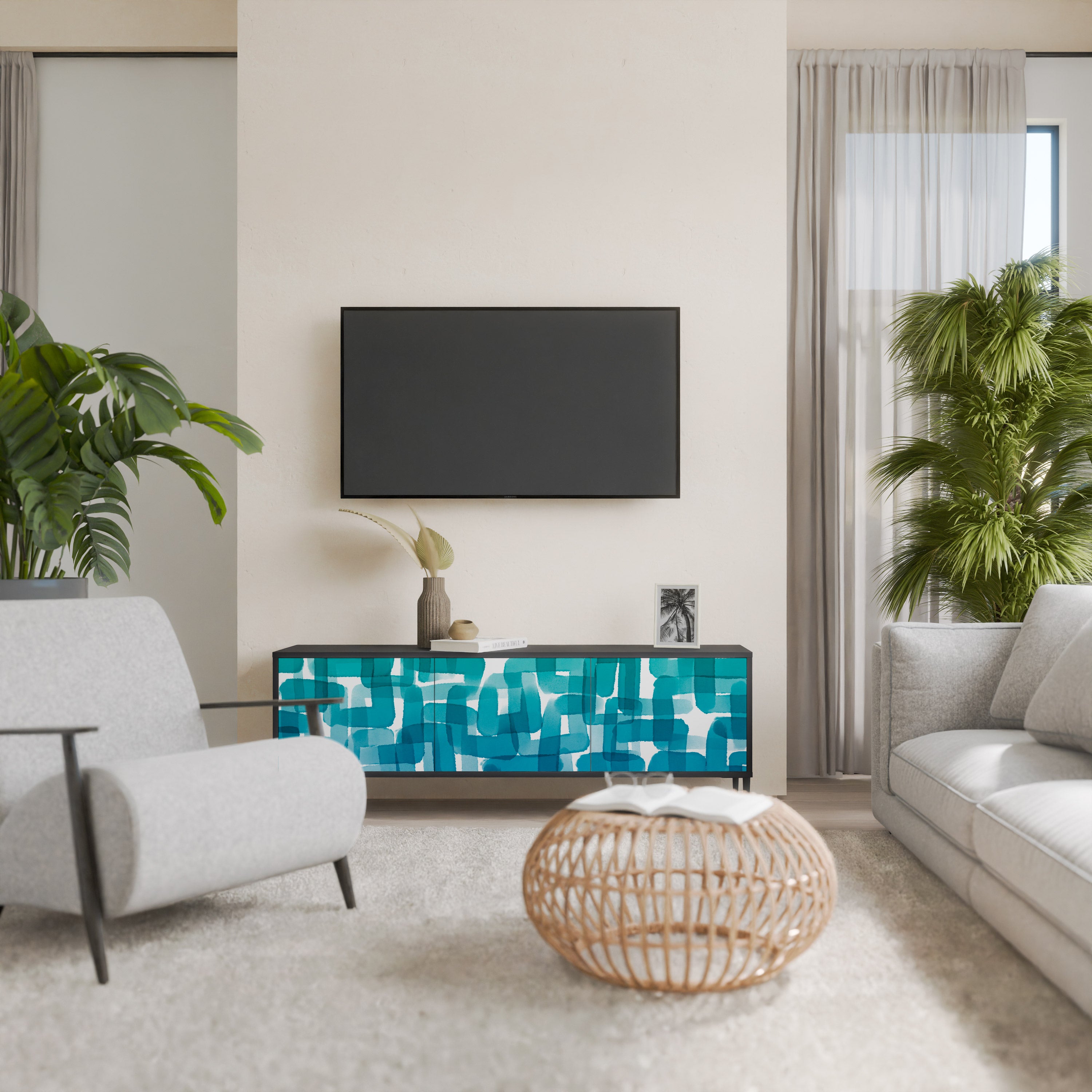 TURQUOISE RECTANGLES 3-Door TV Stand in Black Finish