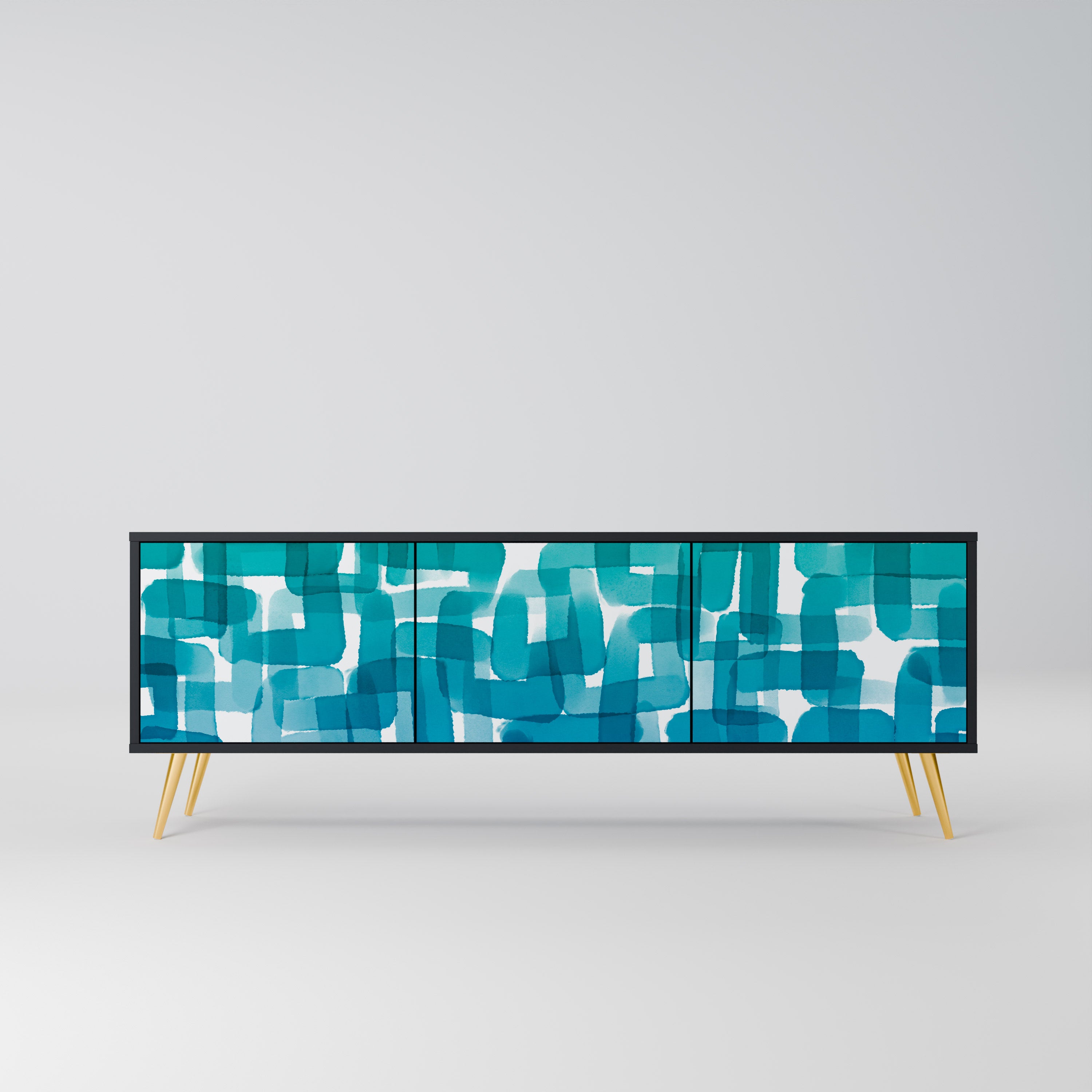 TURQUOISE RECTANGLES 3-Door TV Stand in Black Finish