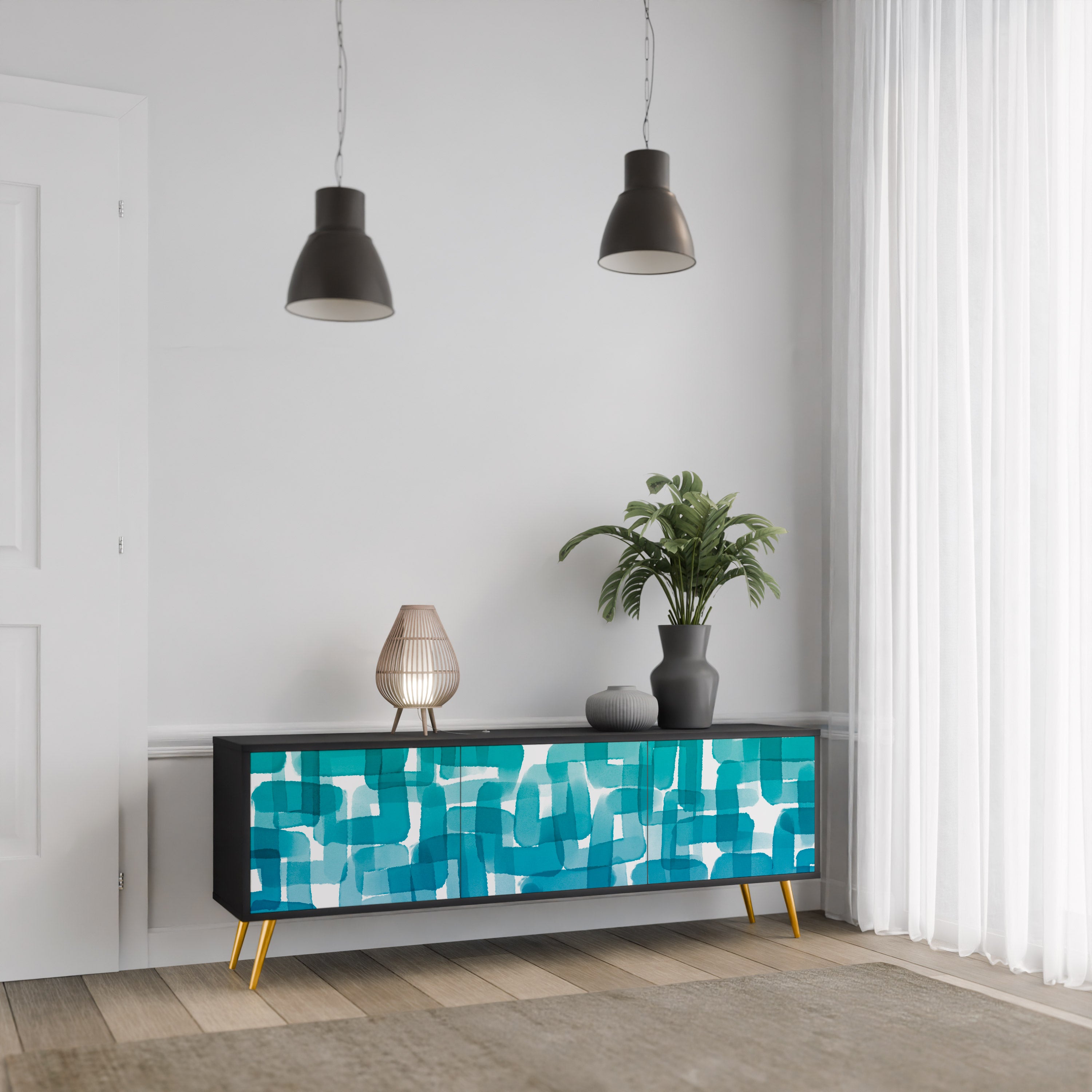 TURQUOISE RECTANGLES 3-Door TV Stand in Black Finish