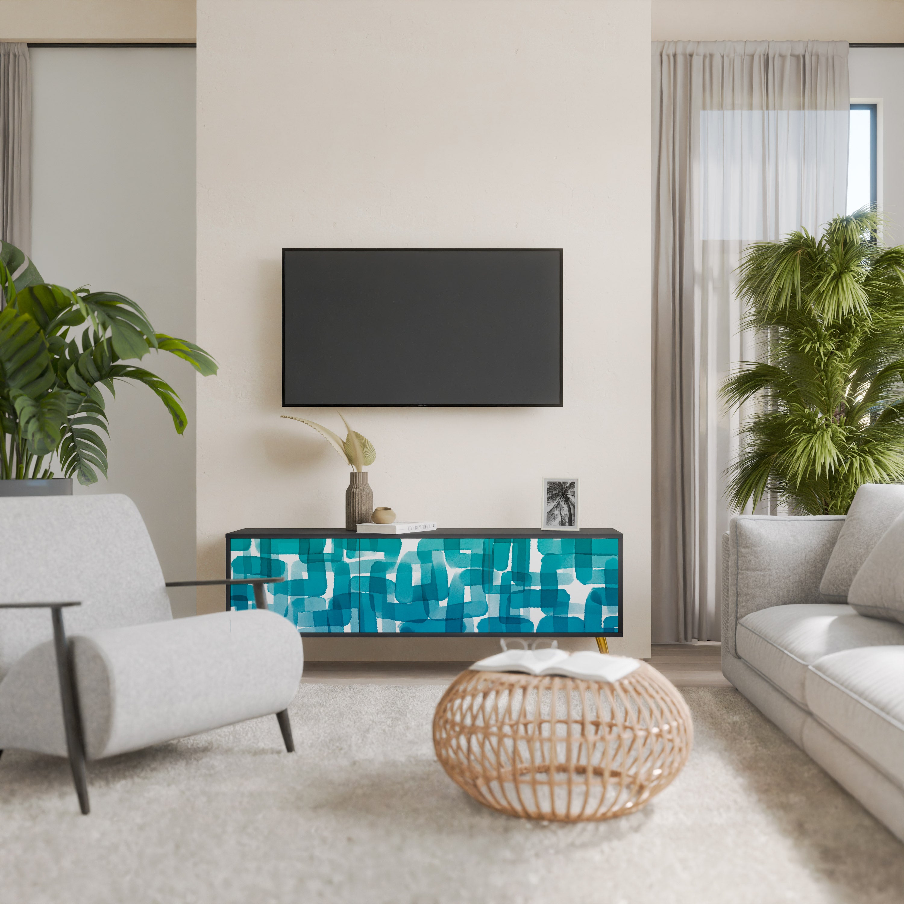 TURQUOISE RECTANGLES 3-Door TV Stand in Black Finish