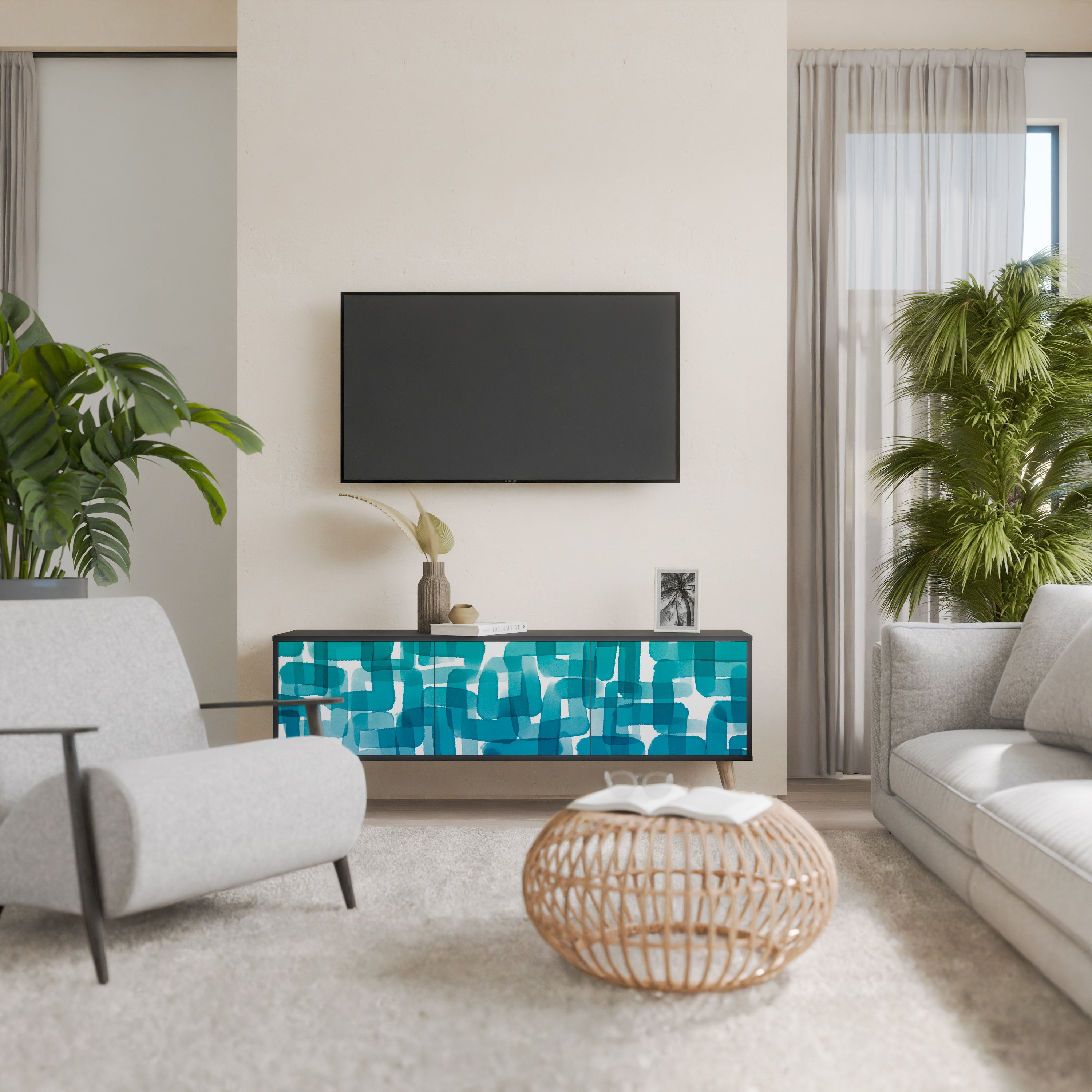 TURQUOISE RECTANGLES 3-Door TV Stand in Black Finish