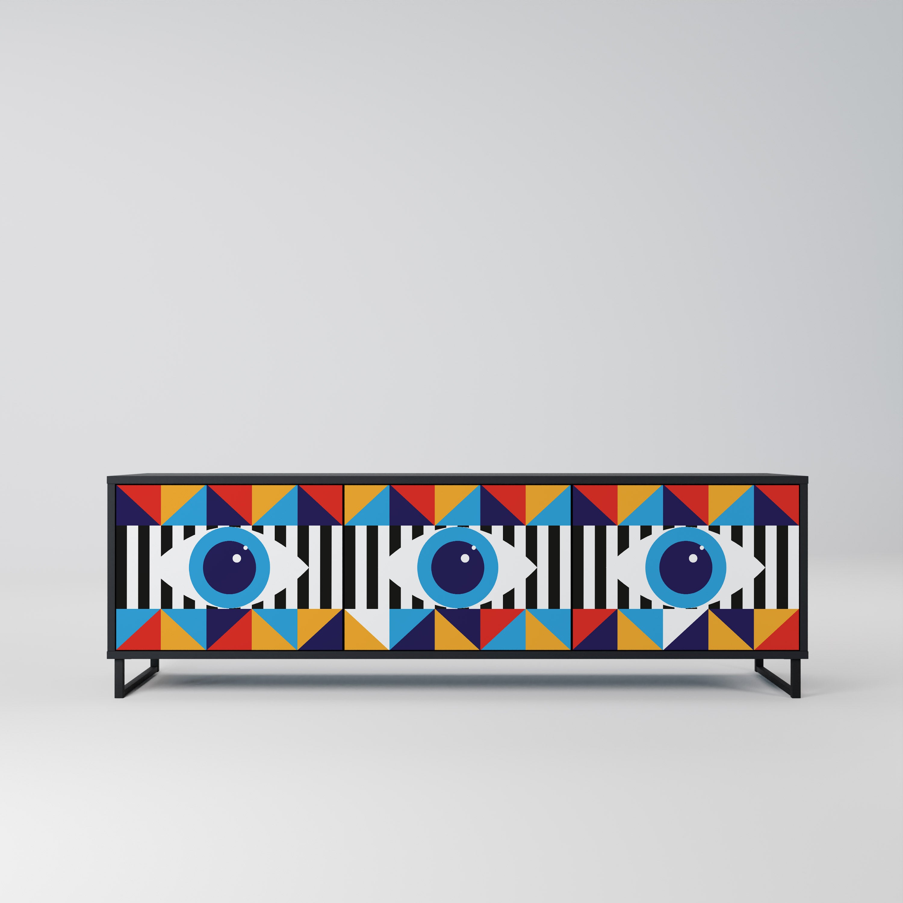 ABSTRACTION AND GEOMETRY 3-Door TV Stand in Black Finish