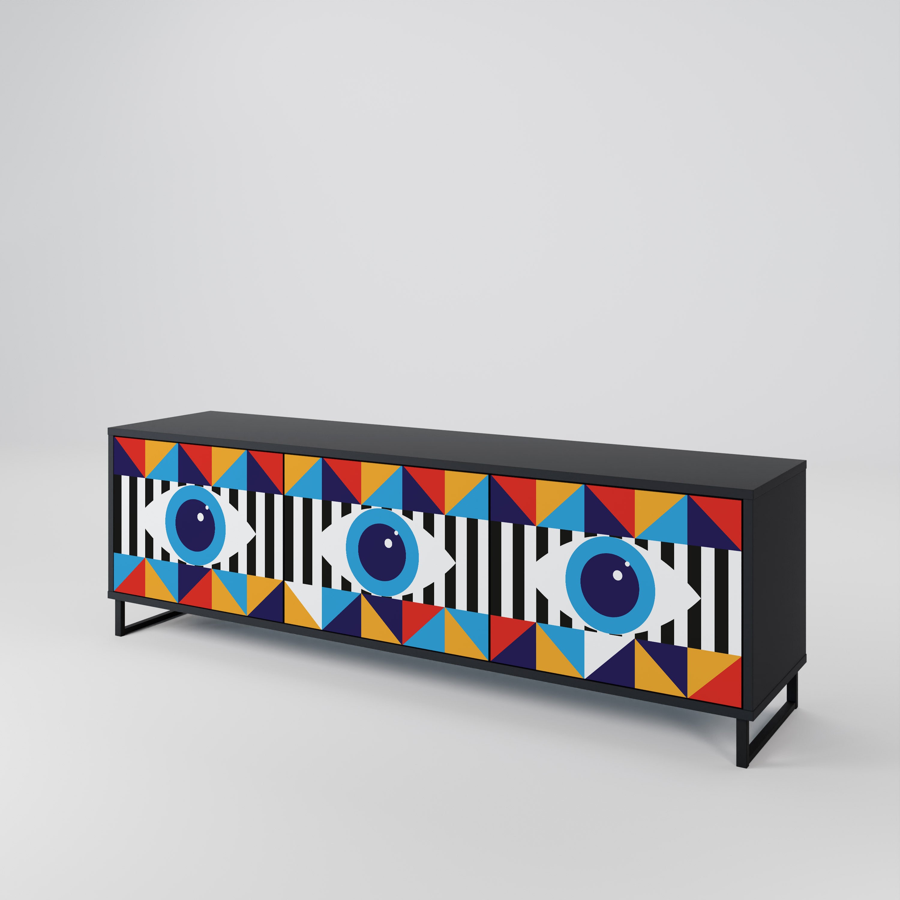 ABSTRACTION AND GEOMETRY 3-Door TV Stand in Black Finish