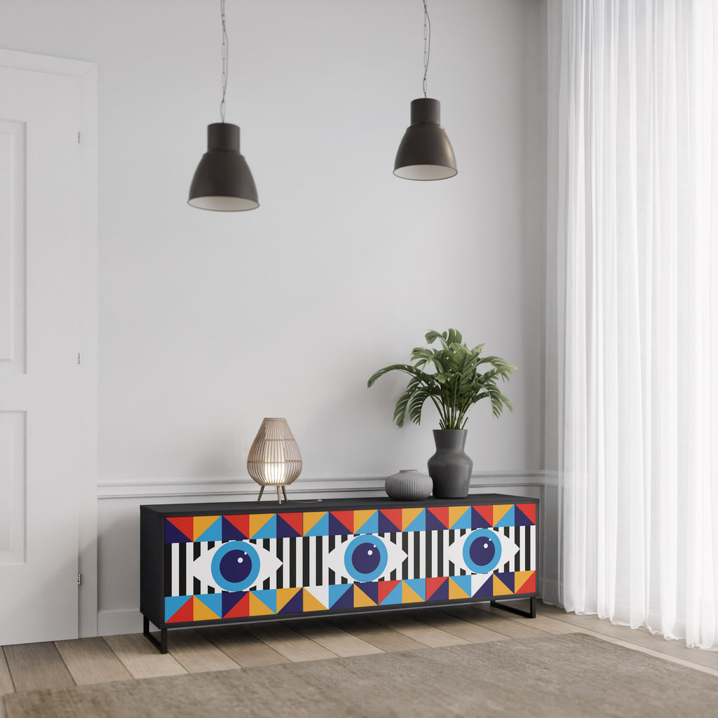 ABSTRACTION AND GEOMETRY 3-Door TV Stand in Black Finish