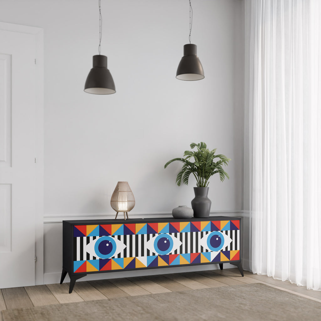 ABSTRACTION AND GEOMETRY 3-Door TV Stand in Black Finish