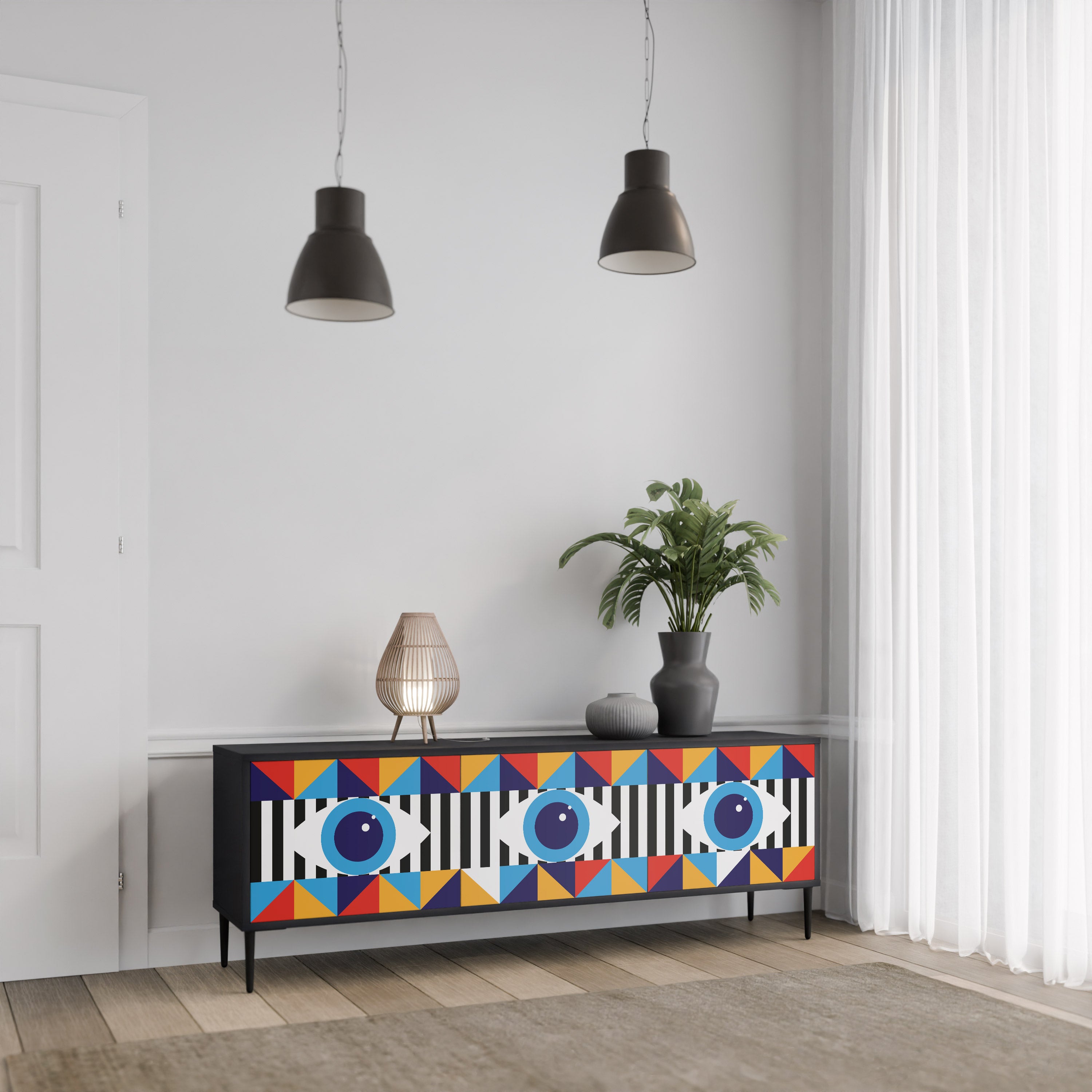 ABSTRACTION AND GEOMETRY 3-Door TV Stand in Black Finish