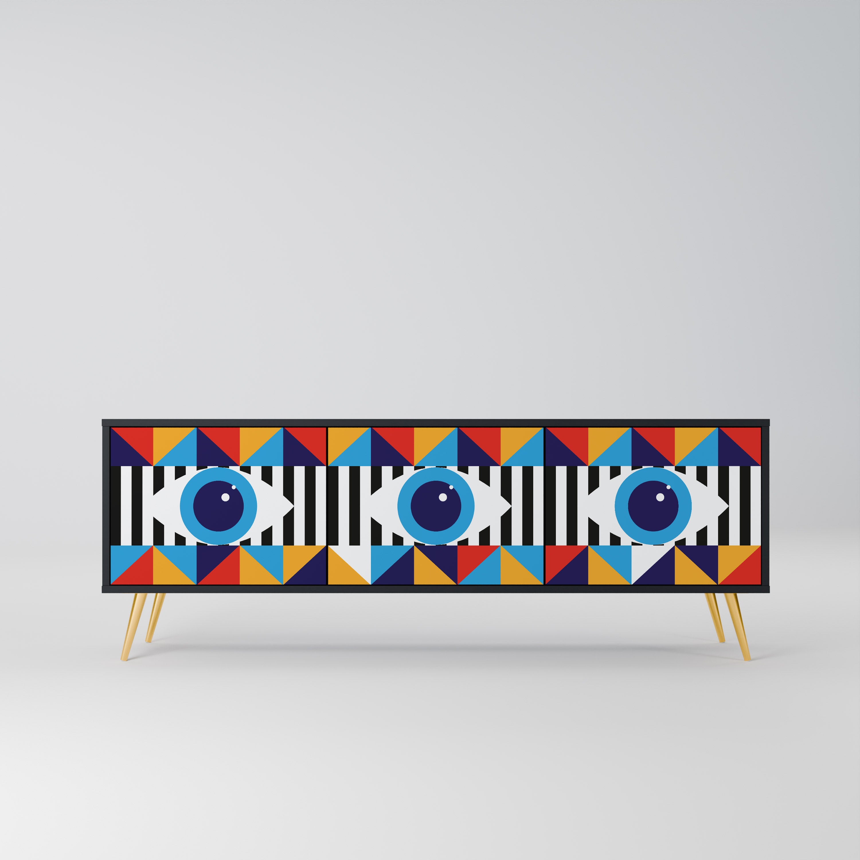 ABSTRACTION AND GEOMETRY 3-Door TV Stand in Black Finish