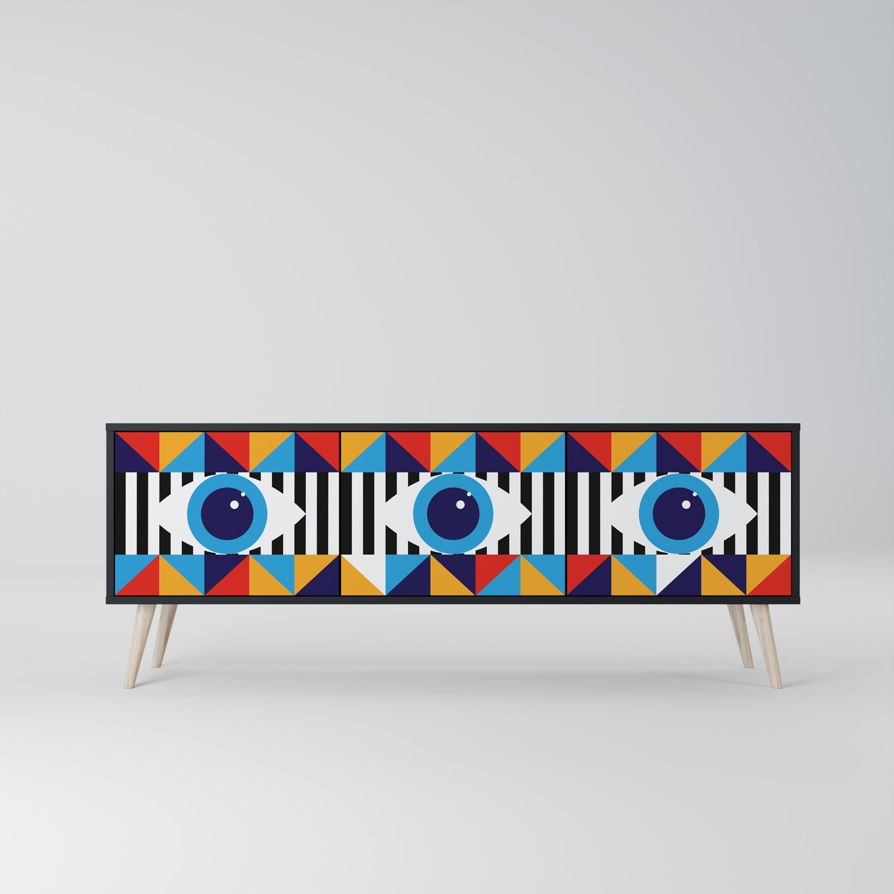 ABSTRACTION AND GEOMETRY 3-Door TV Stand in Black Finish