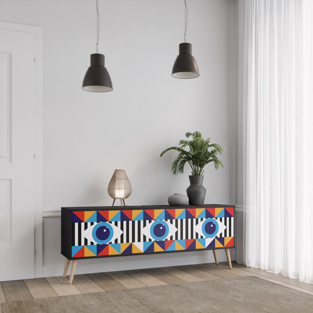 ABSTRACTION AND GEOMETRY 3-Door TV Stand in Black Finish