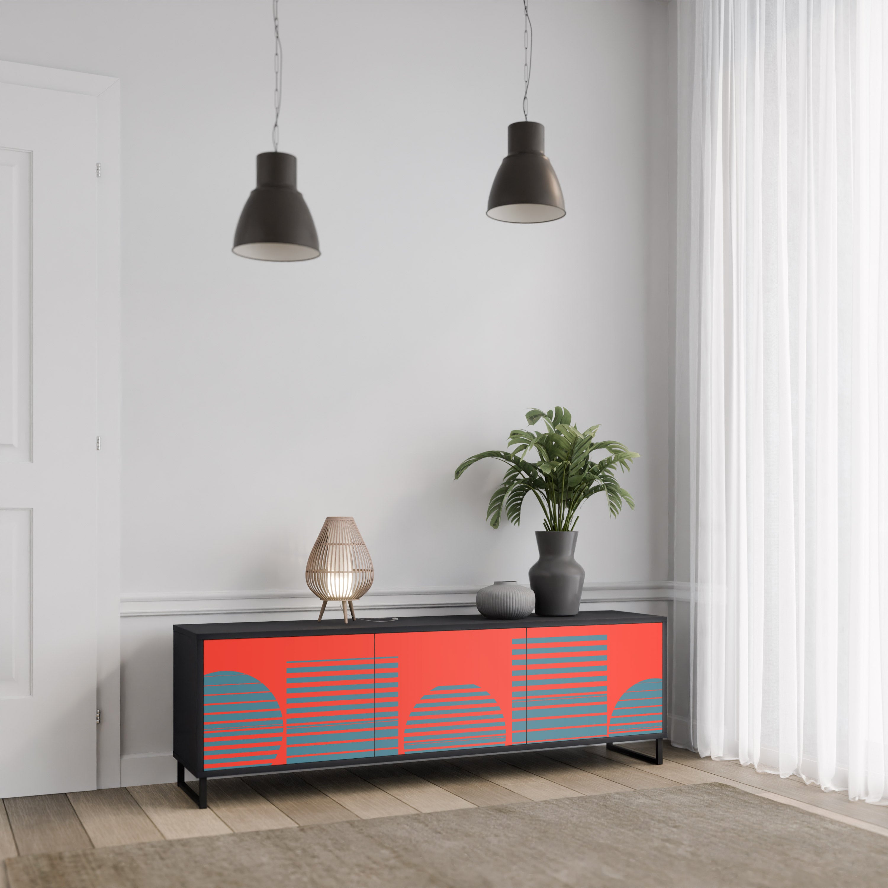 RISING GEOMETRY STARS 3-Door TV Stand in Black Finish