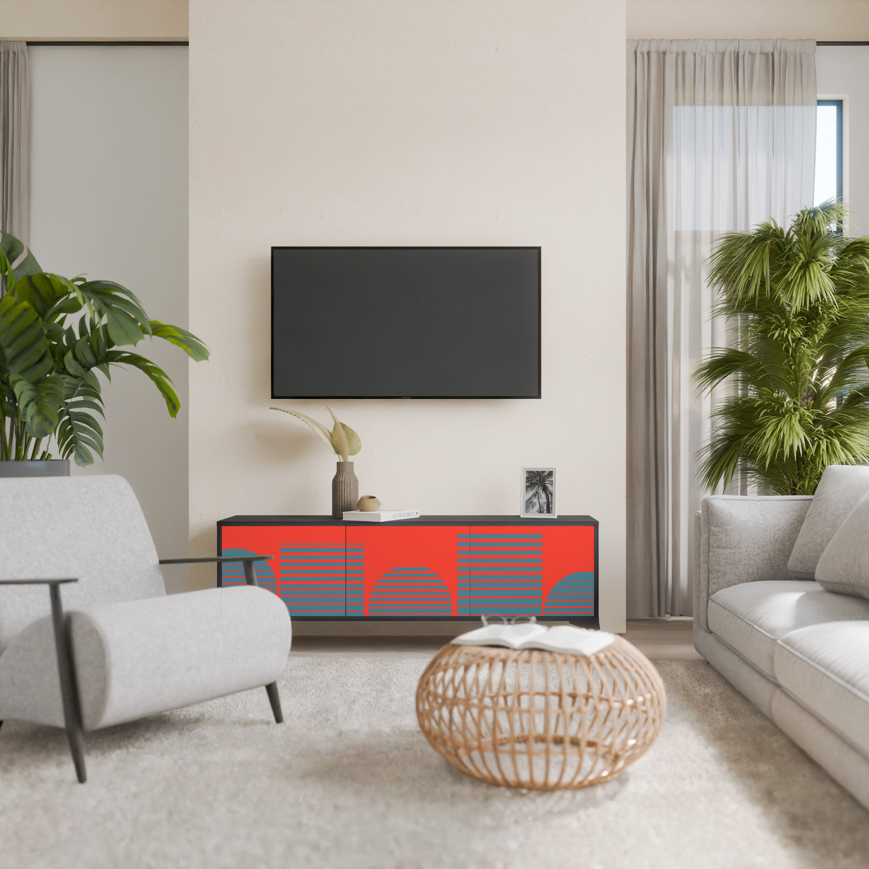 RISING GEOMETRY STARS 3-Door TV Stand in Black Finish