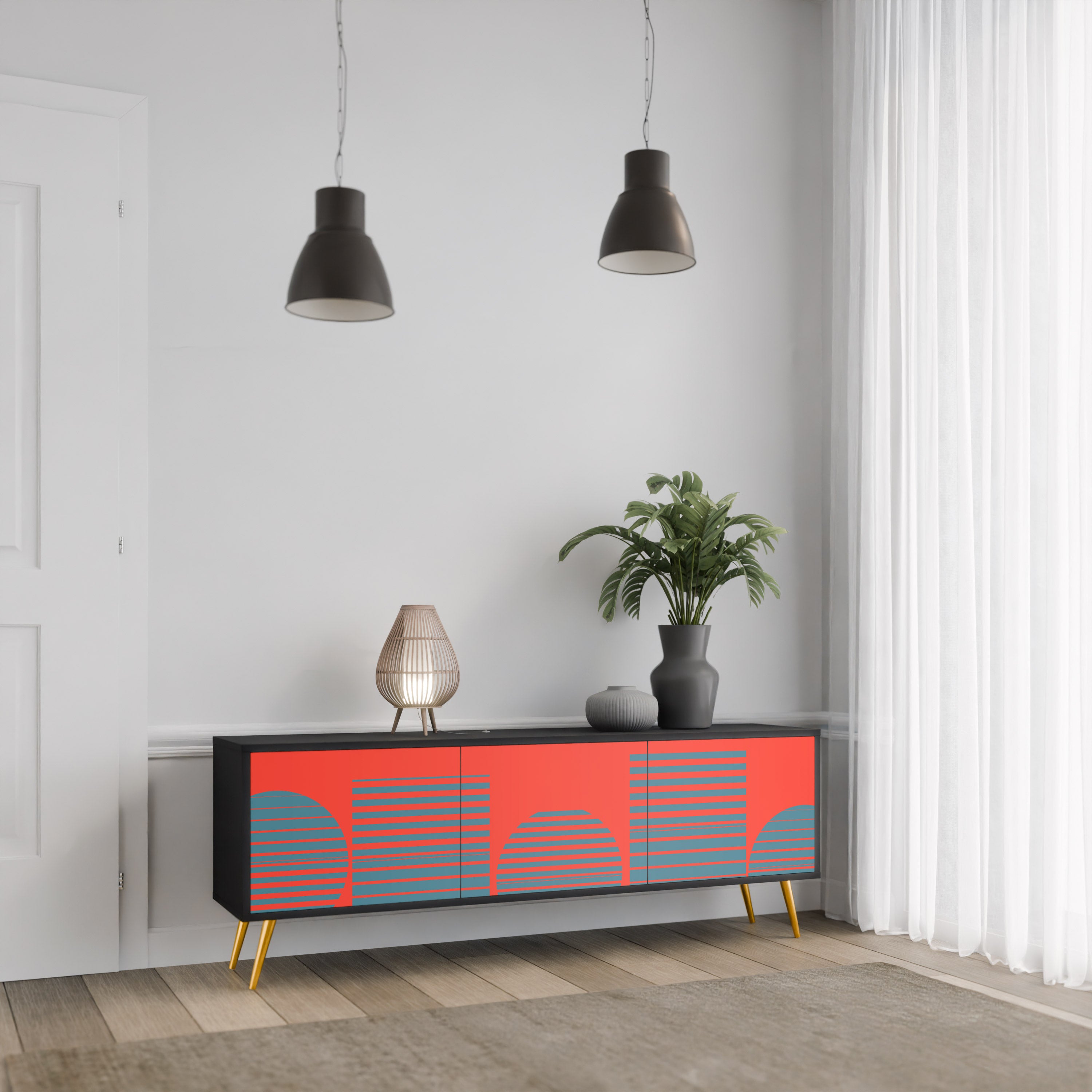 RISING GEOMETRY STARS 3-Door TV Stand in Black Finish