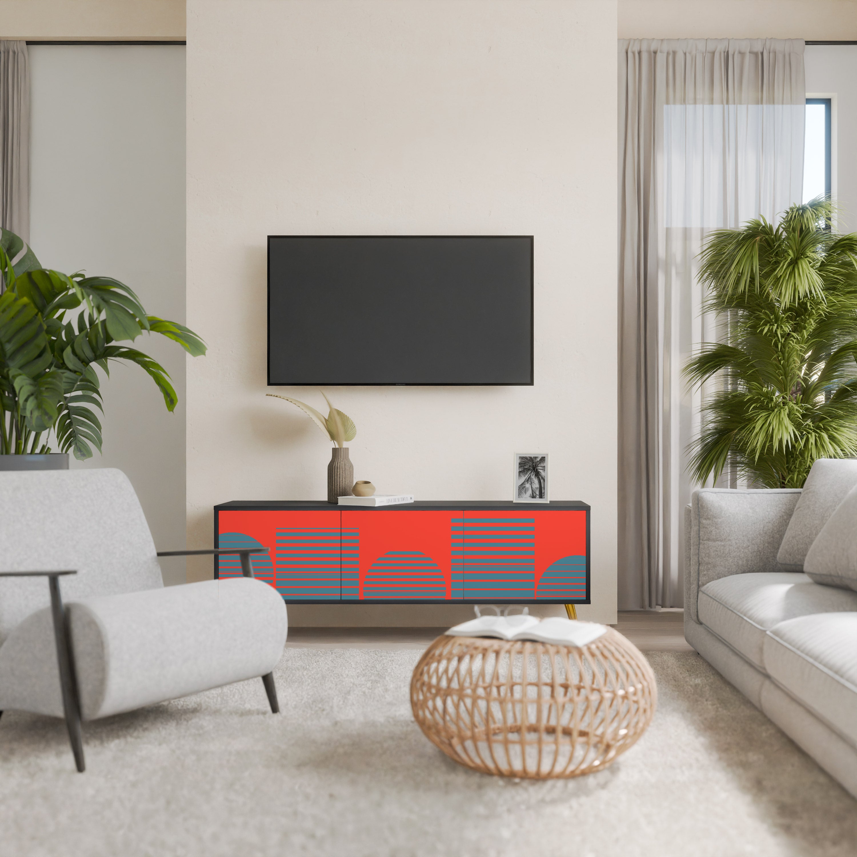 RISING GEOMETRY STARS 3-Door TV Stand in Black Finish