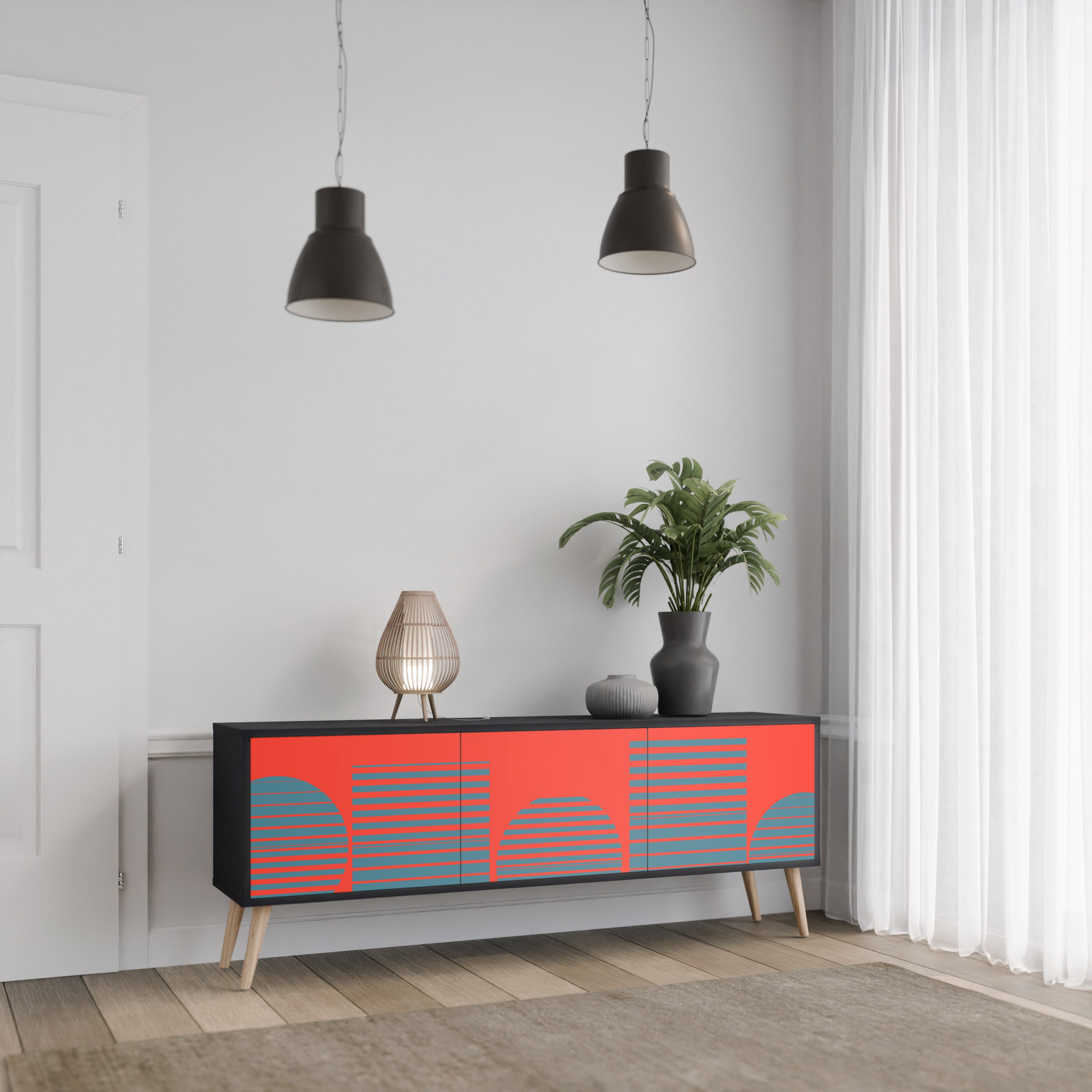 RISING GEOMETRY STARS 3-Door TV Stand in Black Finish