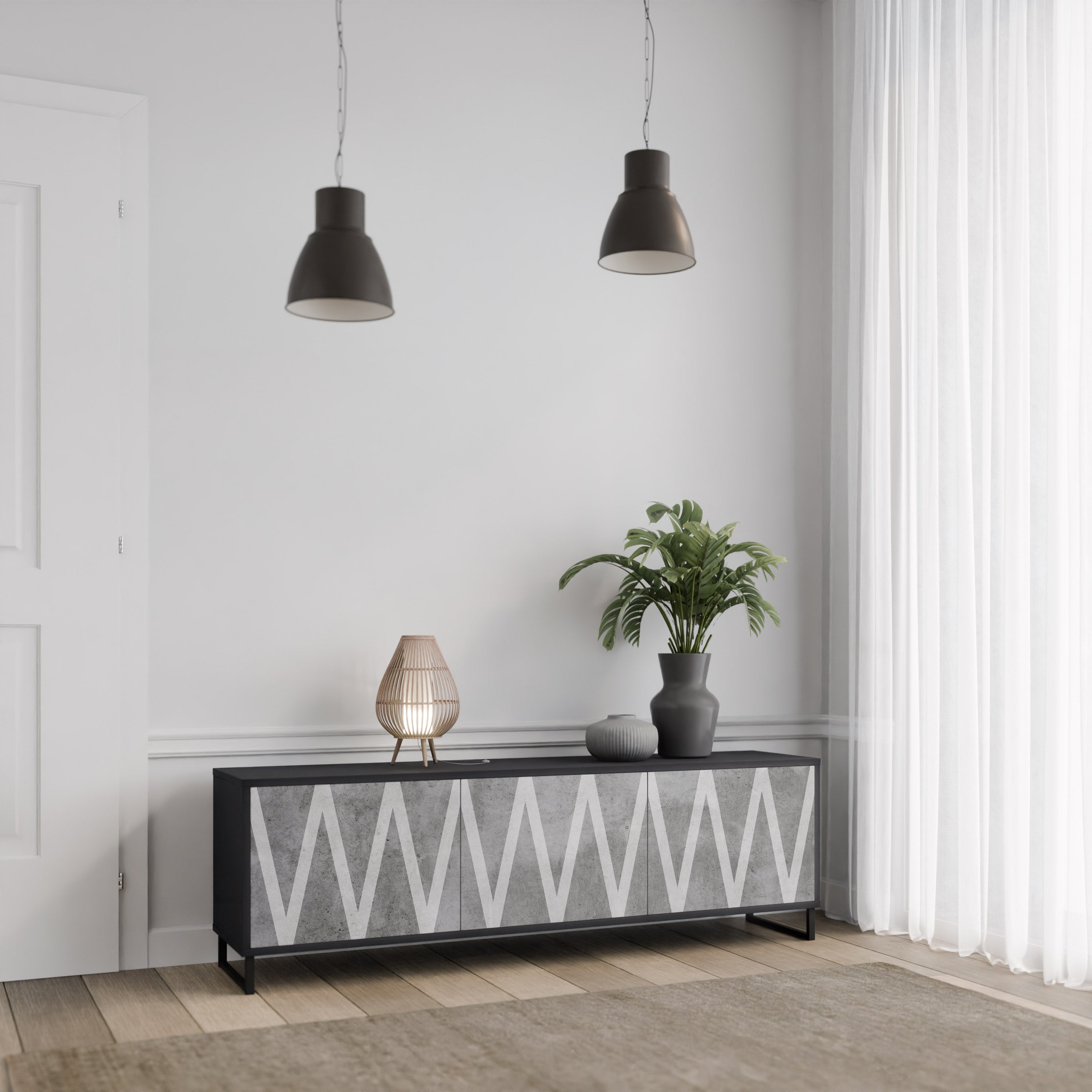 Mueble de TV SOLID ZIG ZAG de 3 puertas con acabado negro