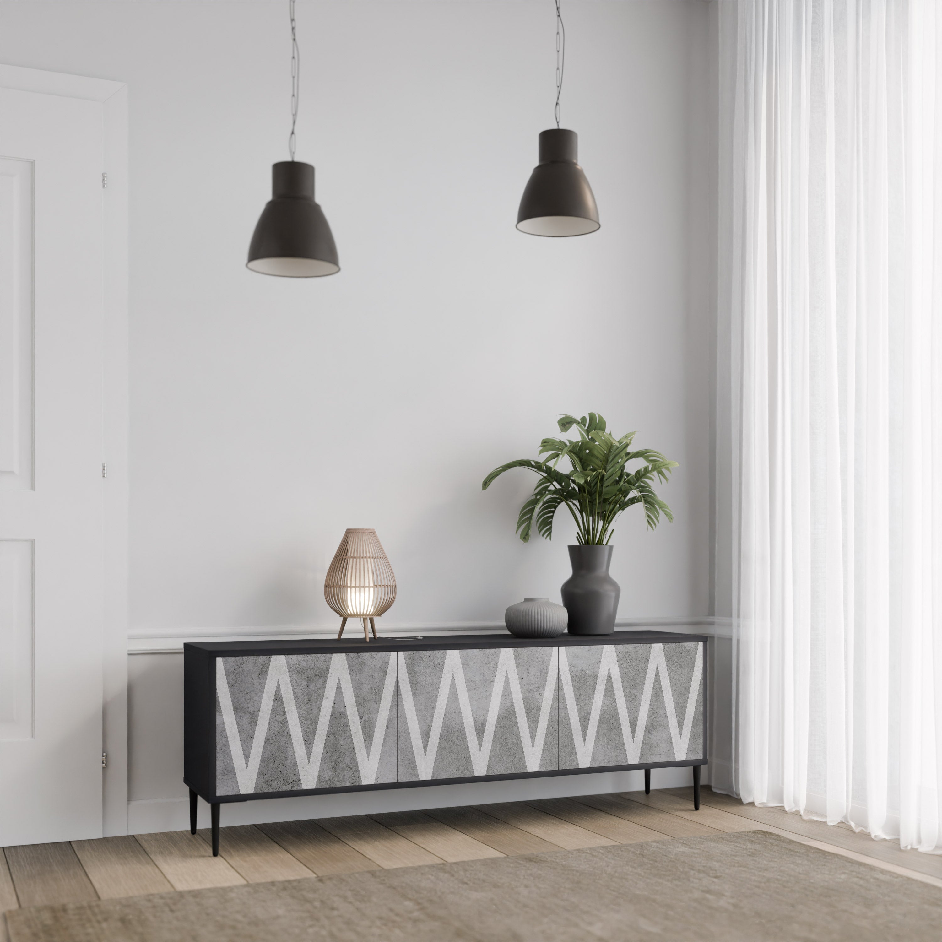 Mueble de TV SOLID ZIG ZAG de 3 puertas con acabado negro