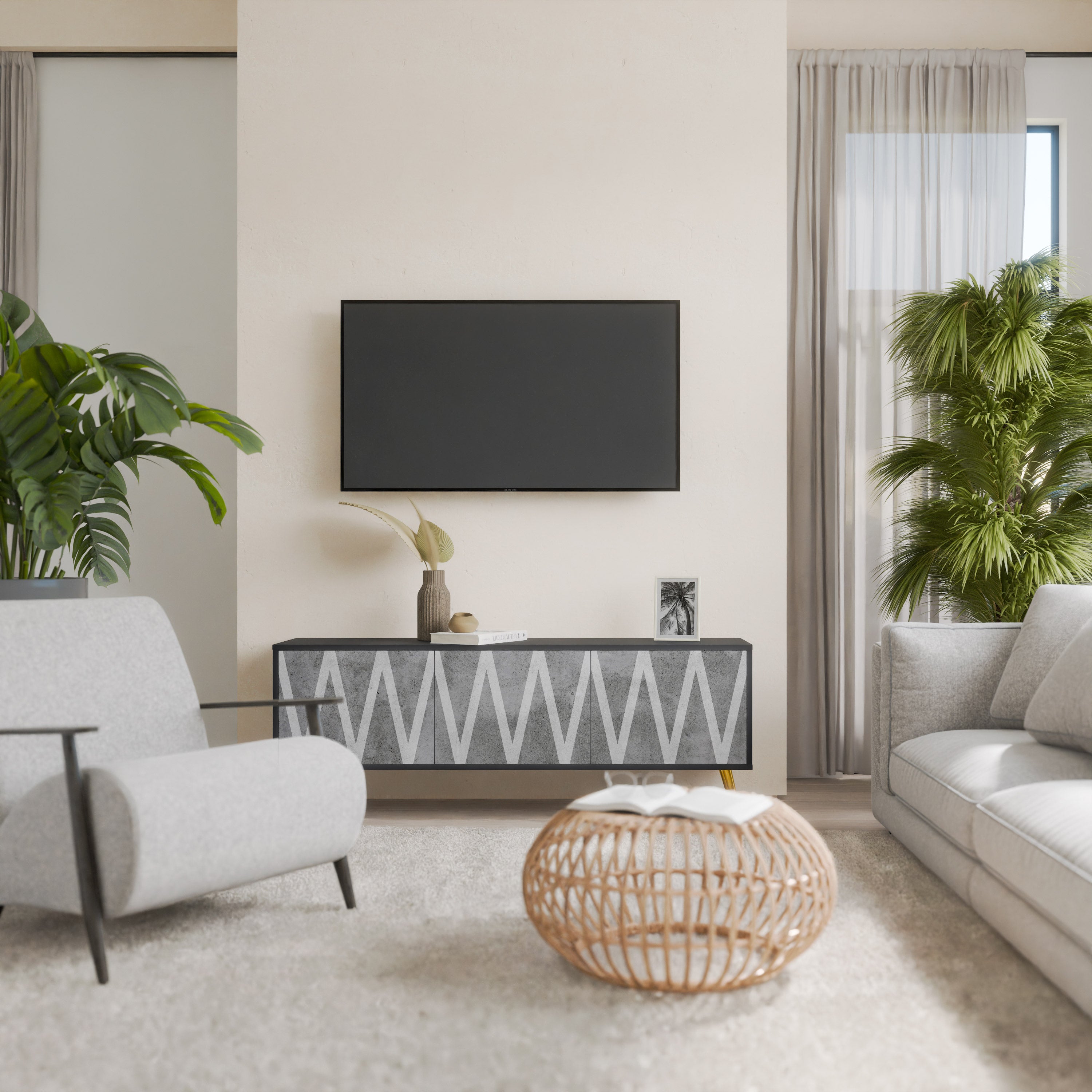 Mueble de TV SOLID ZIG ZAG de 3 puertas con acabado negro