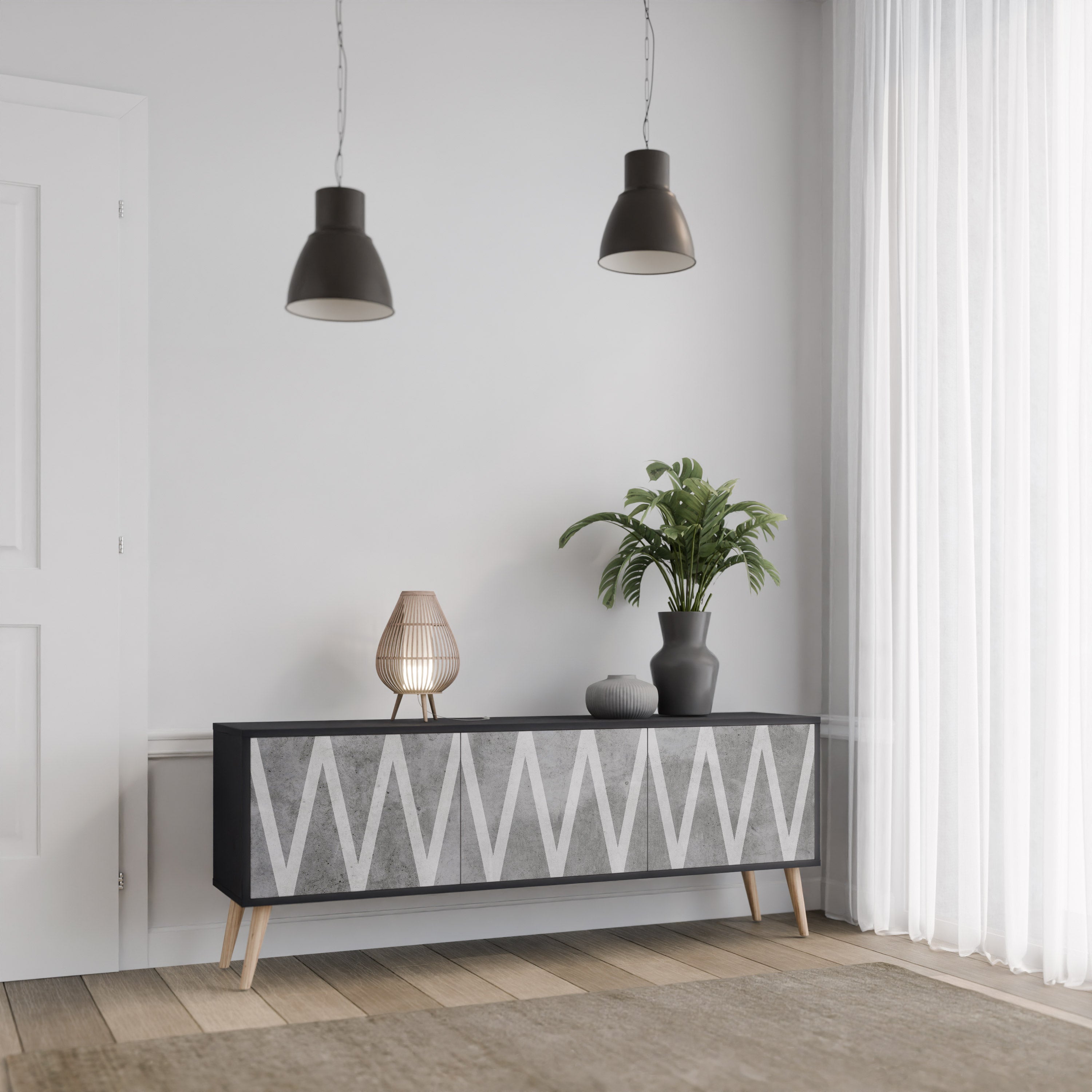 Mueble de TV SOLID ZIG ZAG de 3 puertas con acabado negro