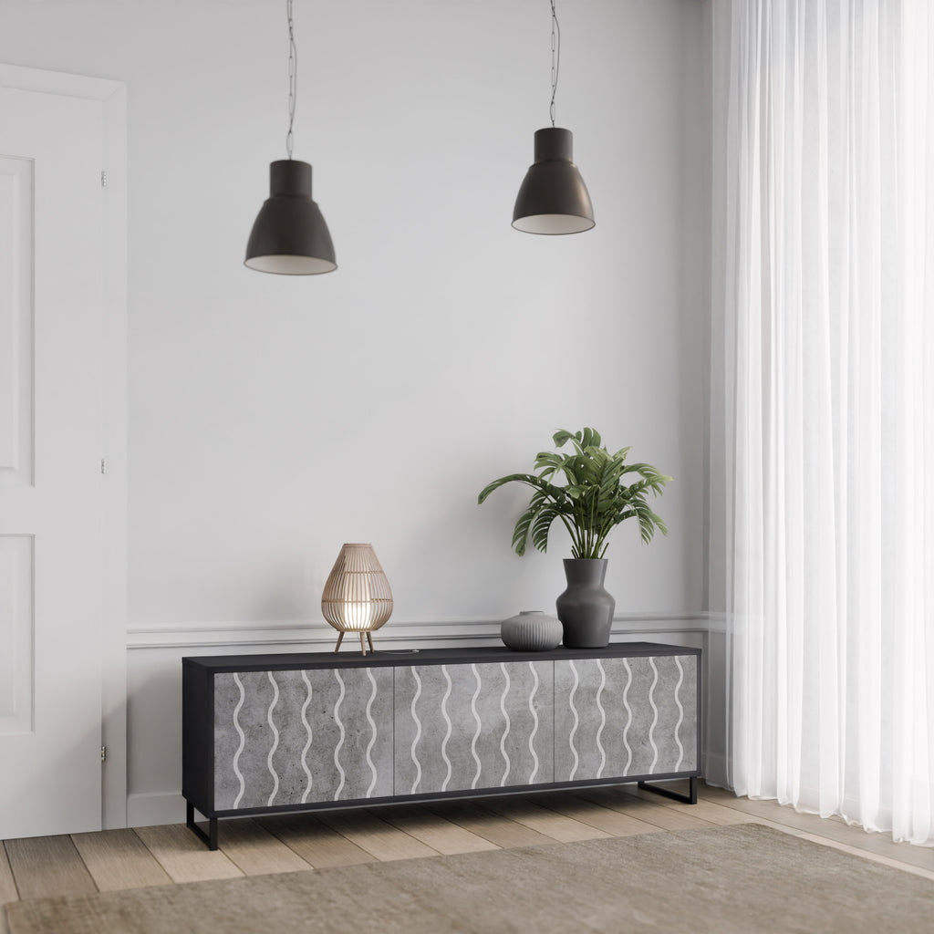 Mueble de TV de 3 puertas WAVES OF CONCRETE con acabado negro