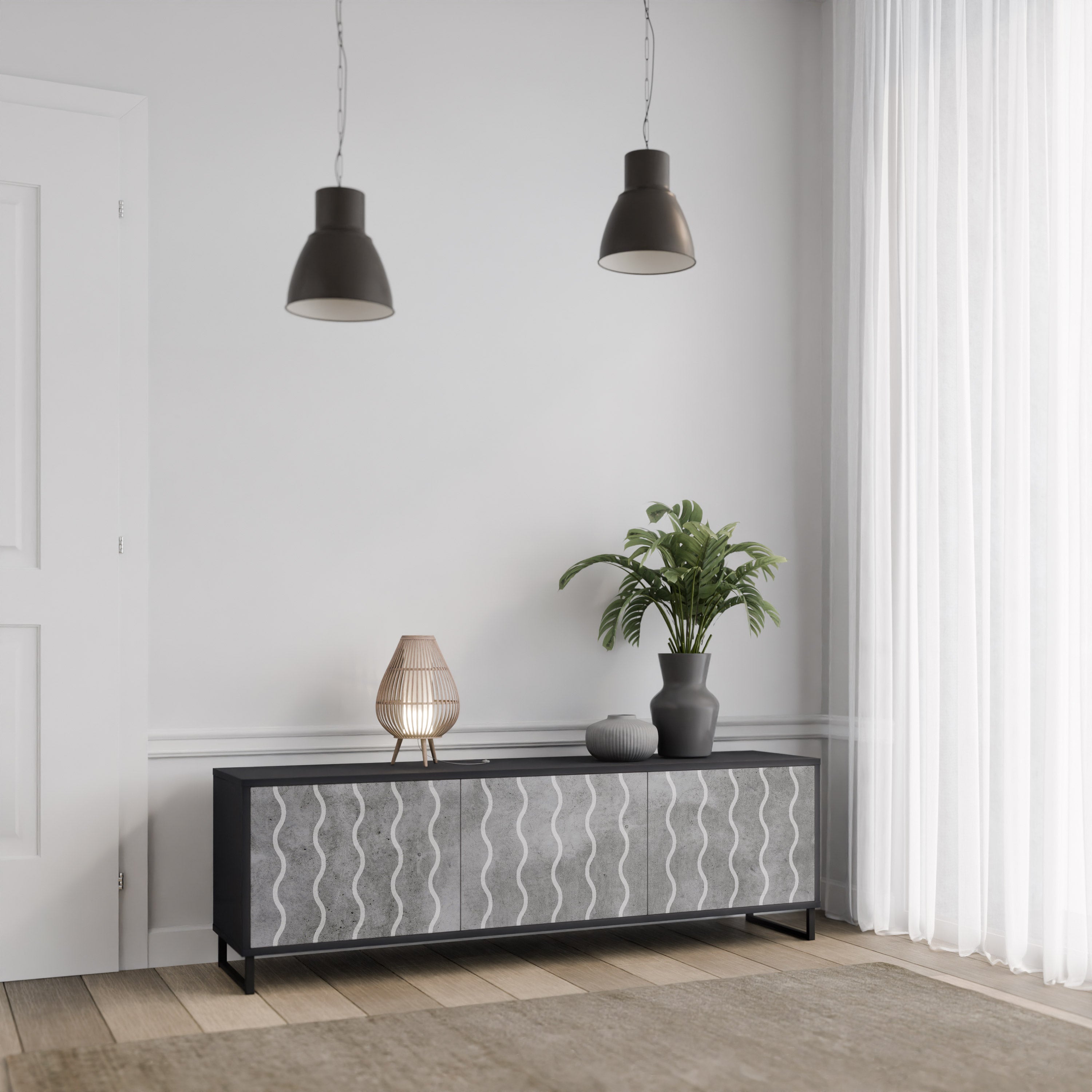 Mueble de TV de 3 puertas WAVES OF CONCRETE con acabado negro