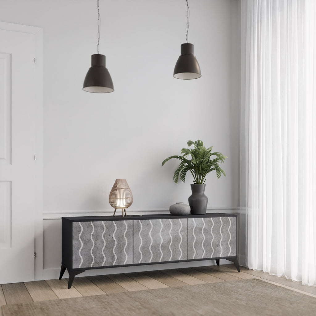 Mueble de TV de 3 puertas WAVES OF CONCRETE con acabado negro
