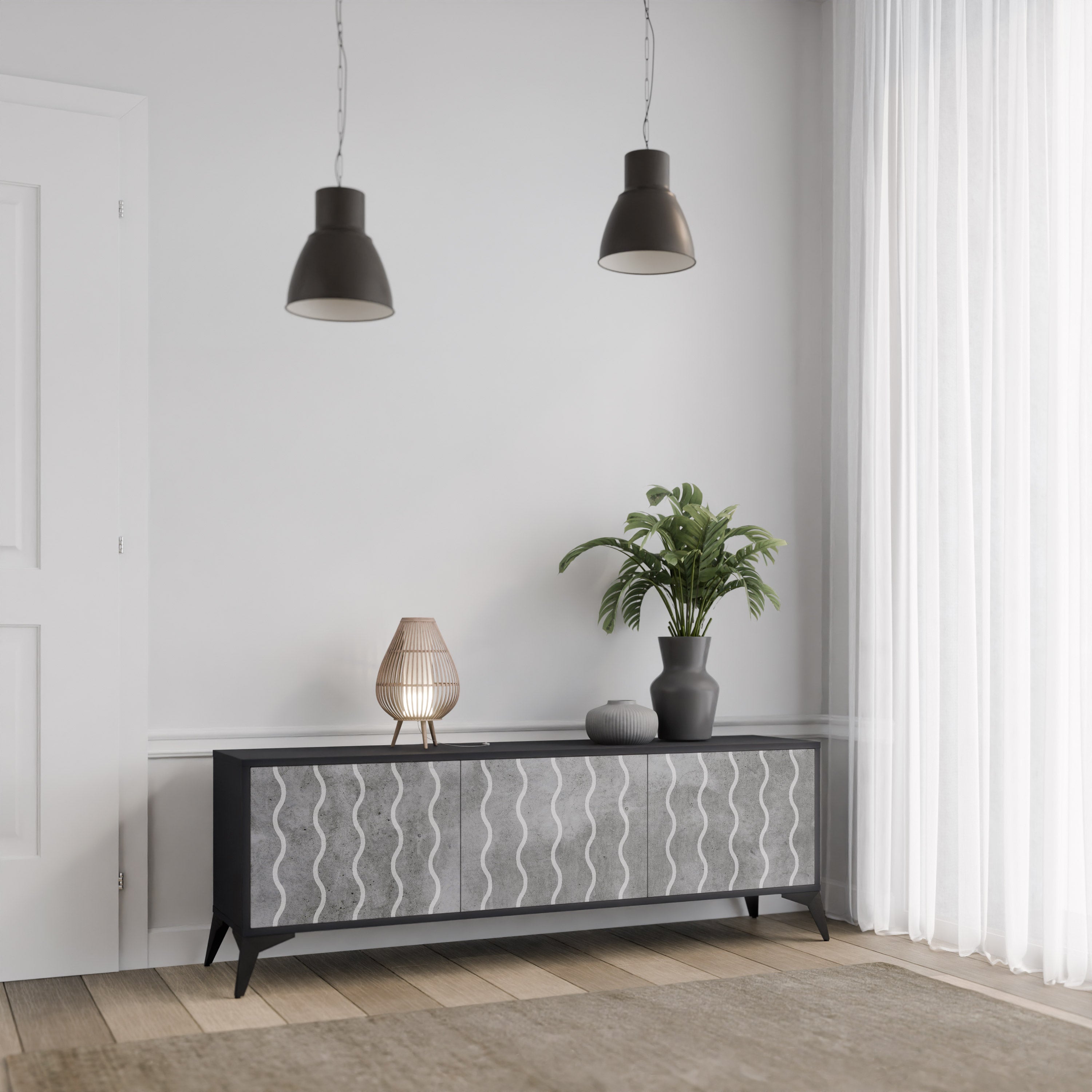Mueble de TV de 3 puertas WAVES OF CONCRETE con acabado negro