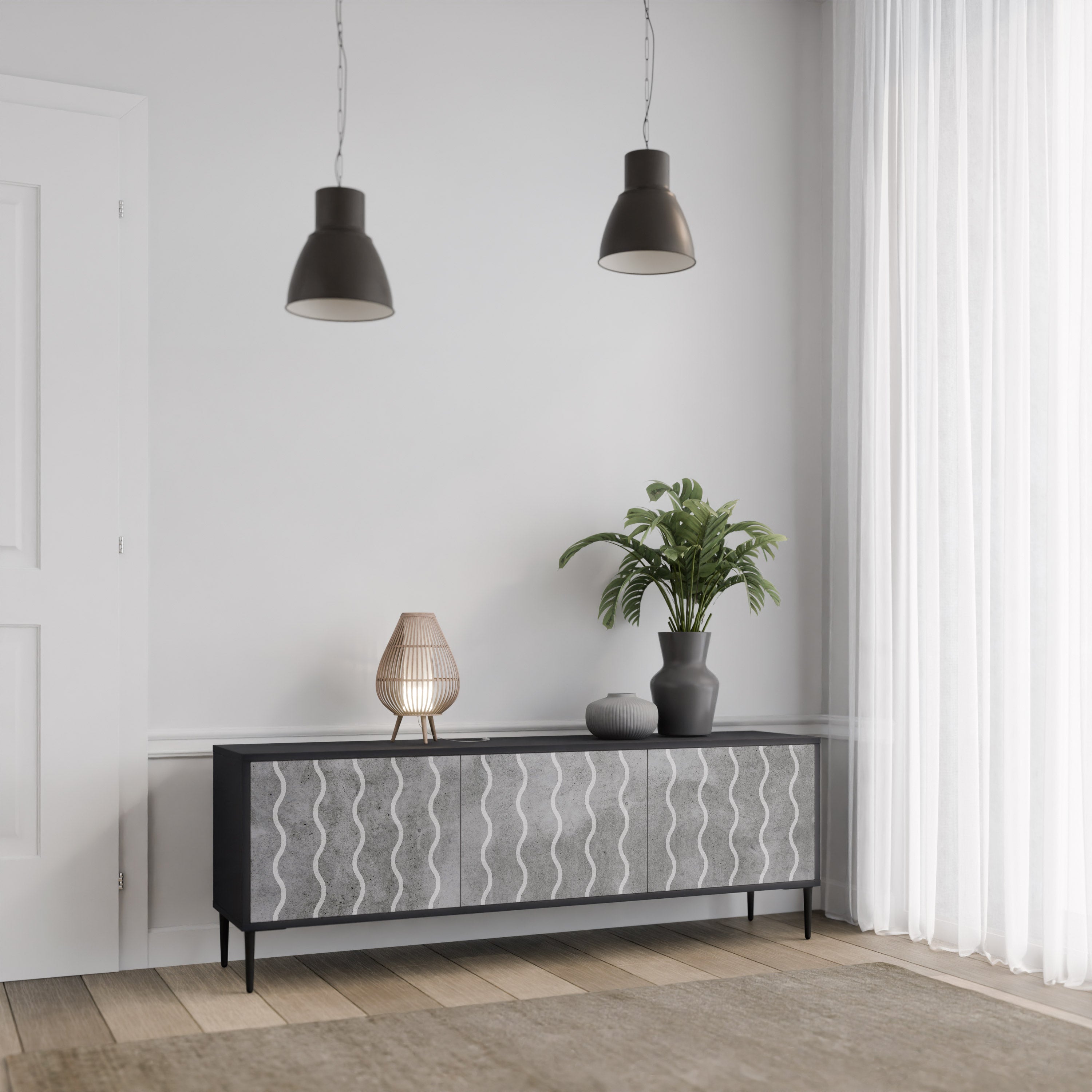 Mueble de TV de 3 puertas WAVES OF CONCRETE con acabado negro