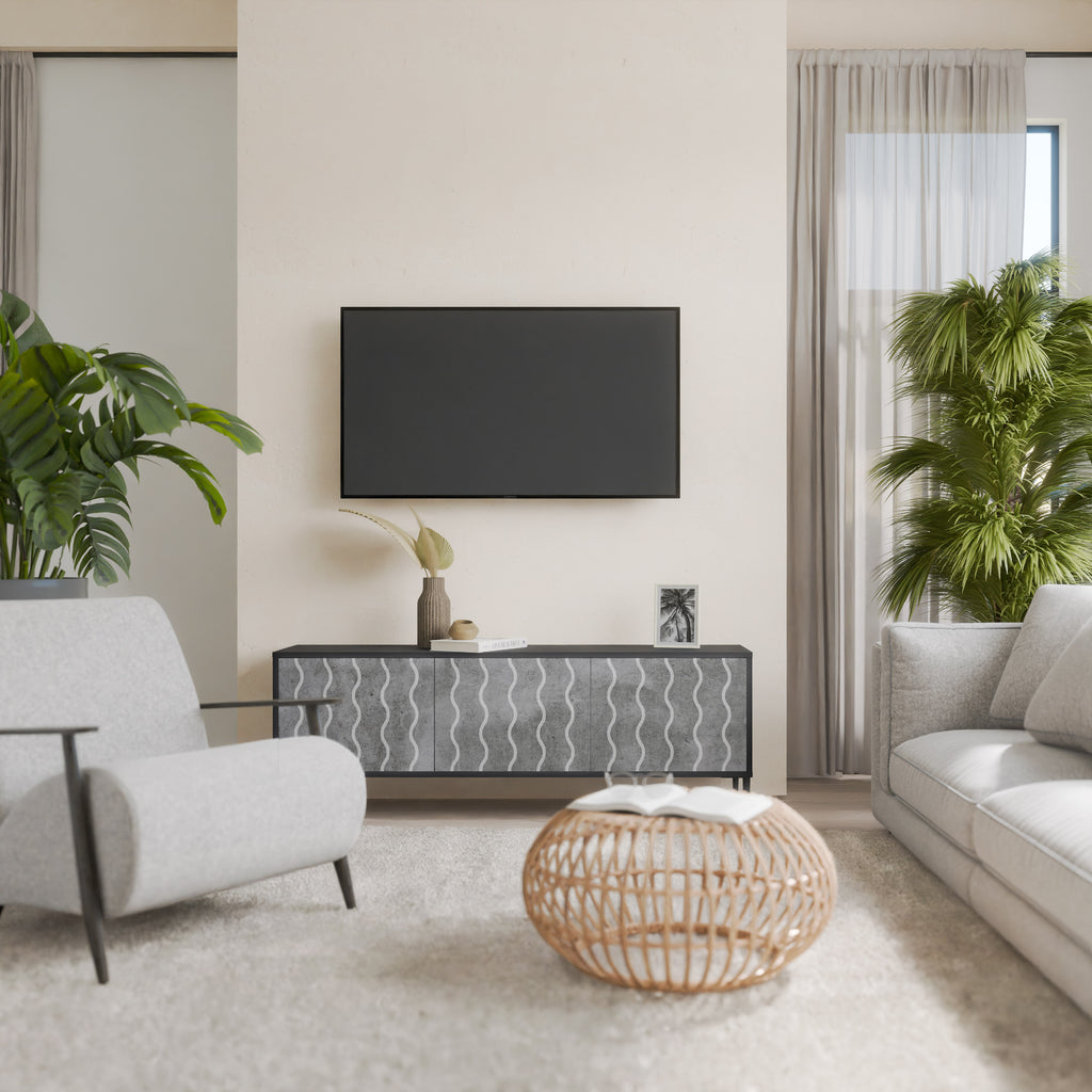 Mueble de TV de 3 puertas WAVES OF CONCRETE con acabado negro