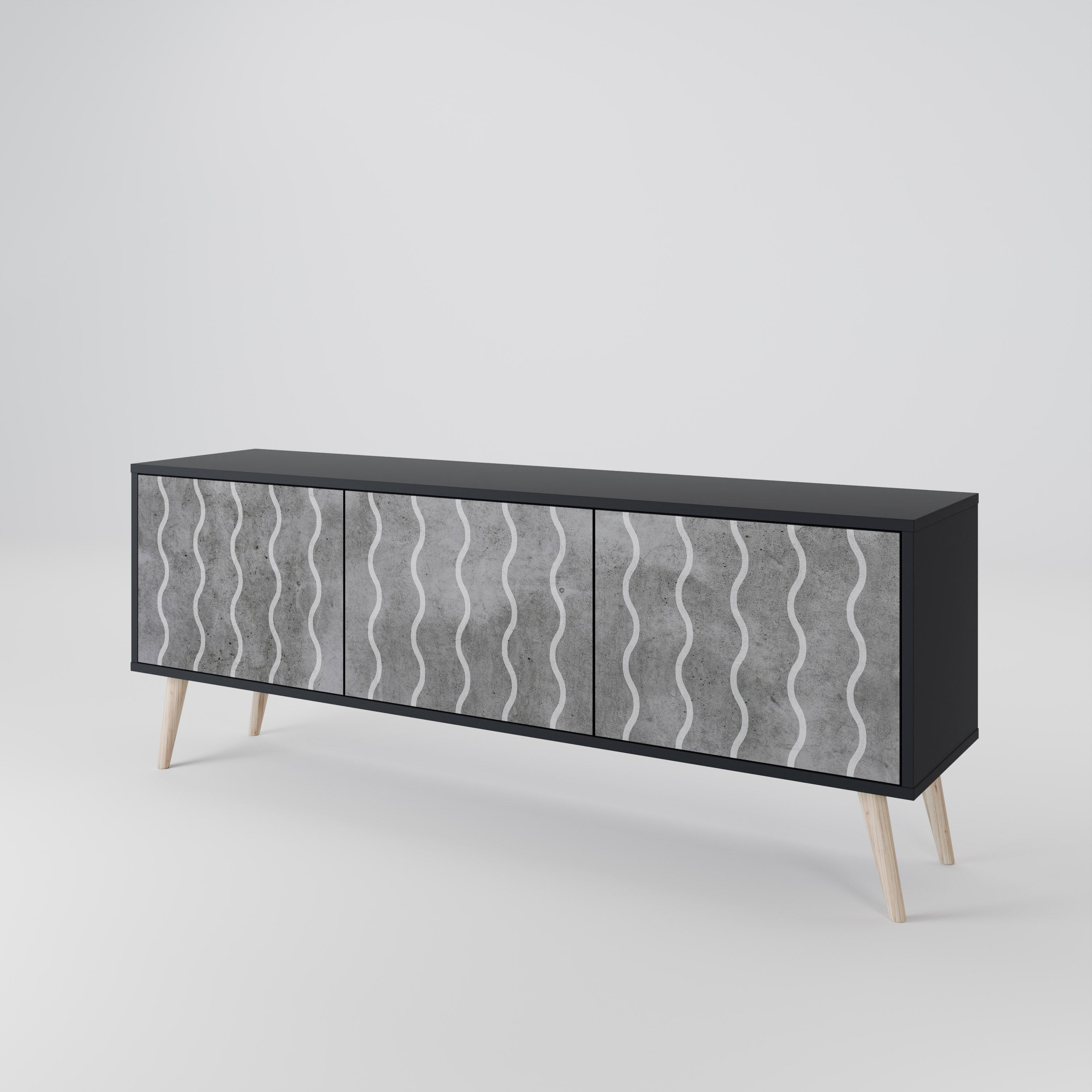 Mueble de TV de 3 puertas WAVES OF CONCRETE con acabado negro